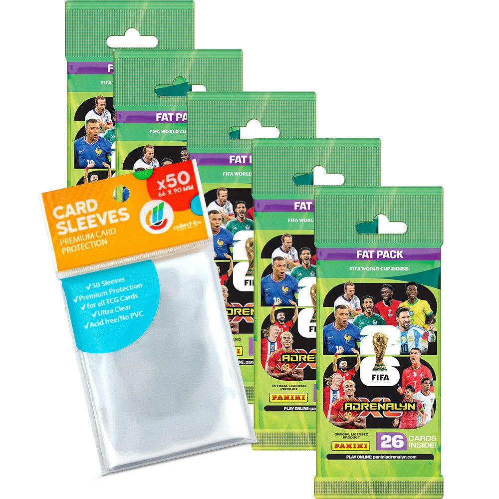 Panini Sammelkarte FIFA WC Adrenalyn XL 2026 - 5 Fat Packs + Hüllen (eigenmarkebundle)