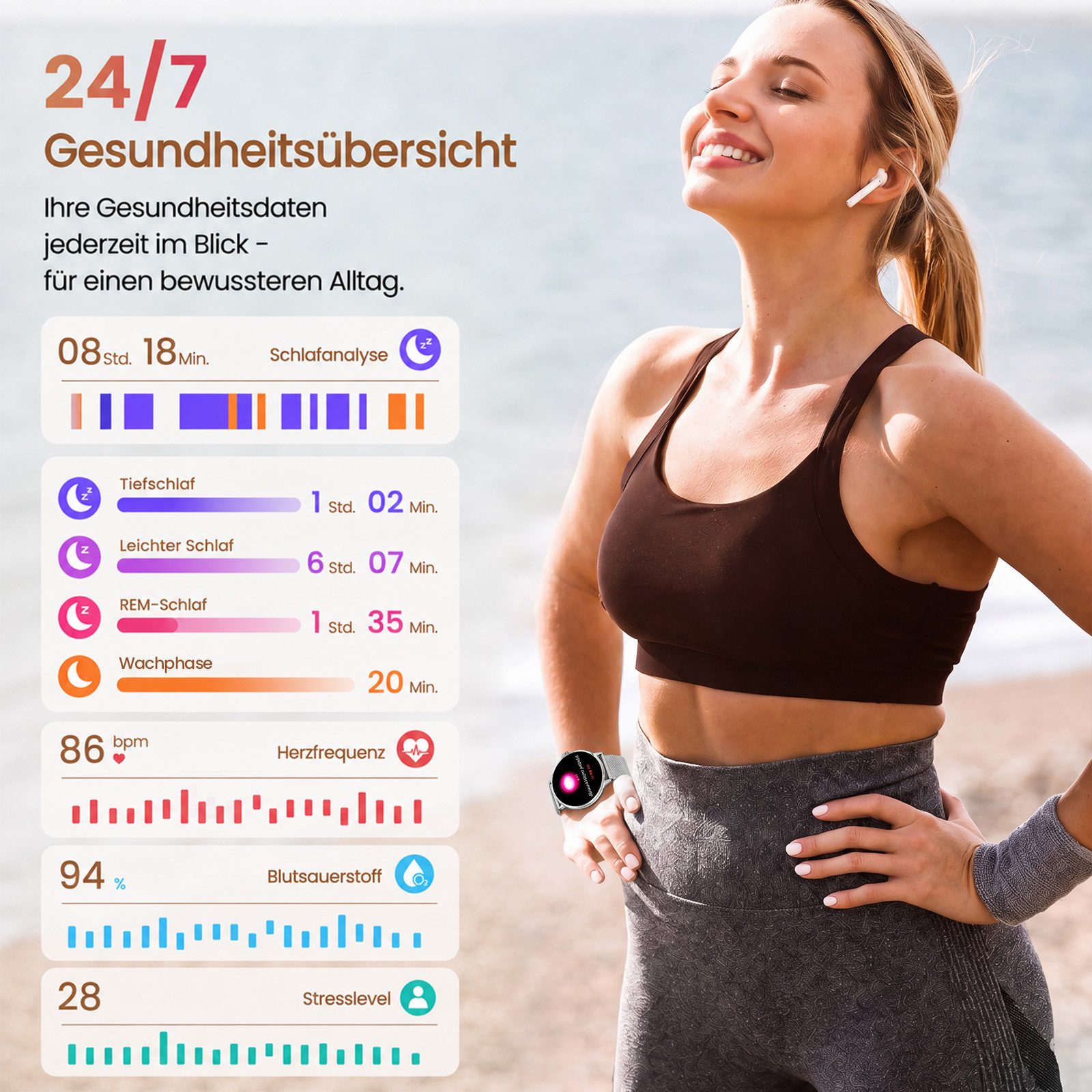 SWGOTA Damen Smartwatch 2026 mit Anrufen, Herzfrequenz, SpO₂ & Blutdruck Smartwatch, 1,48" AMOLED, 4,7 mm ultradünn, Schlafanalyse, Zyklus-Tracking, Bluetooth-T – Bild 5 von 5