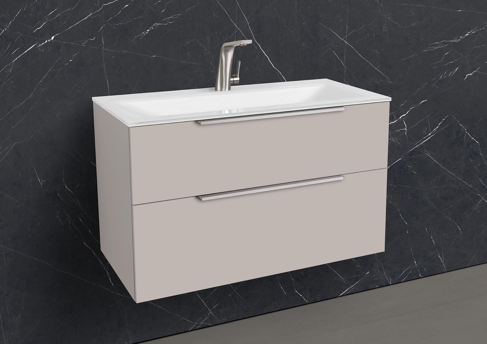 Intarbad Waschtisch Badmöbel Set Zafiro Glaswaschbecken Optiwhite und Unterschrank (90 oder 120 cm Breite, Höhe 49,2 - 56,2 cm 2x Vollauszug/Selbsteinzug, Soft-Close, Holz-/ Lackdekore, polierte Glaszarge im unteren Auszug), Vormontierte Lieferung, 160 kg Traglast, Made in Germany