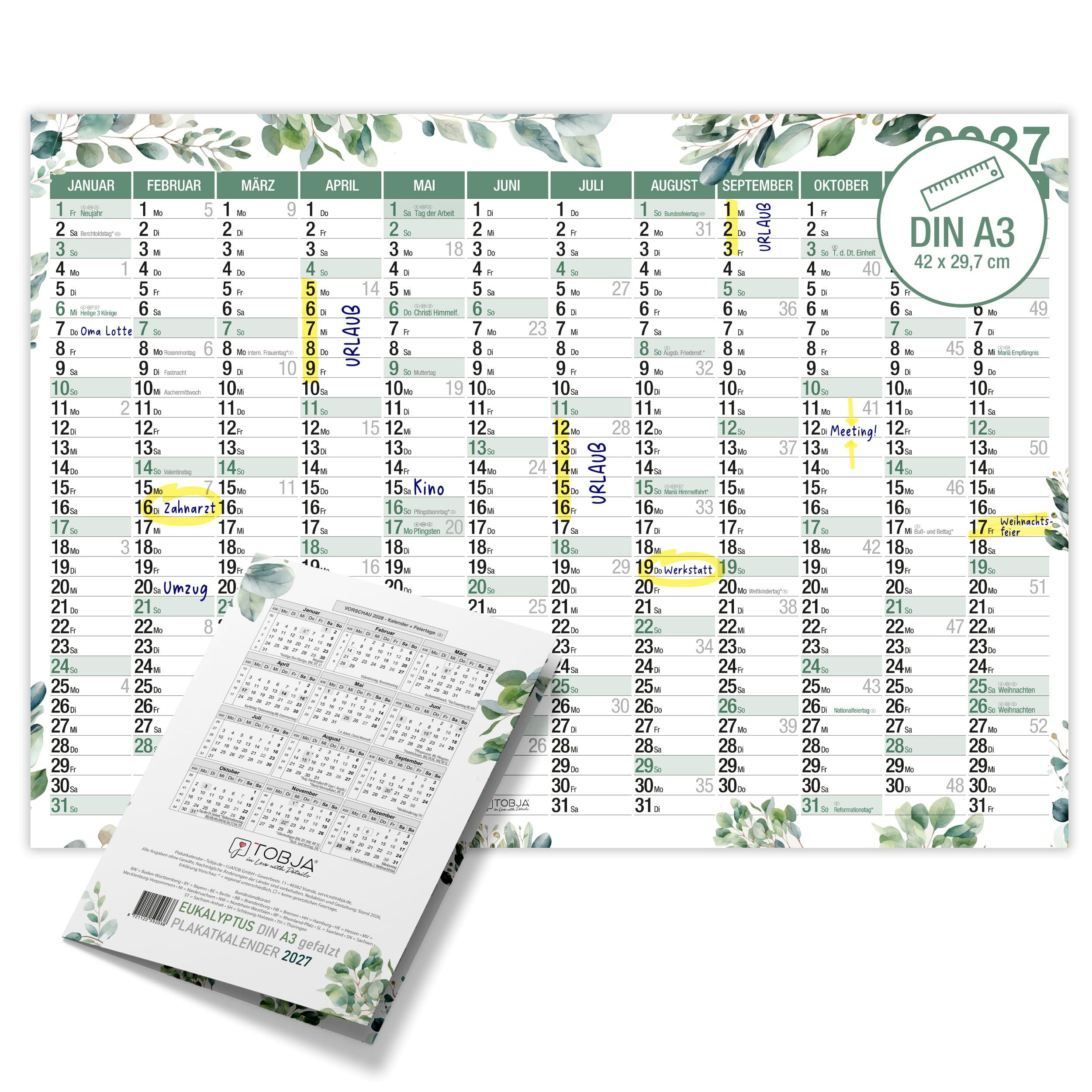 TOBJA Wandkalender Wandkalender 2027 A3 Eukalyptus – Jahresplaner Querformat, Botanical Design, KW, FSC-Papier, Rückseite Jahresplanung