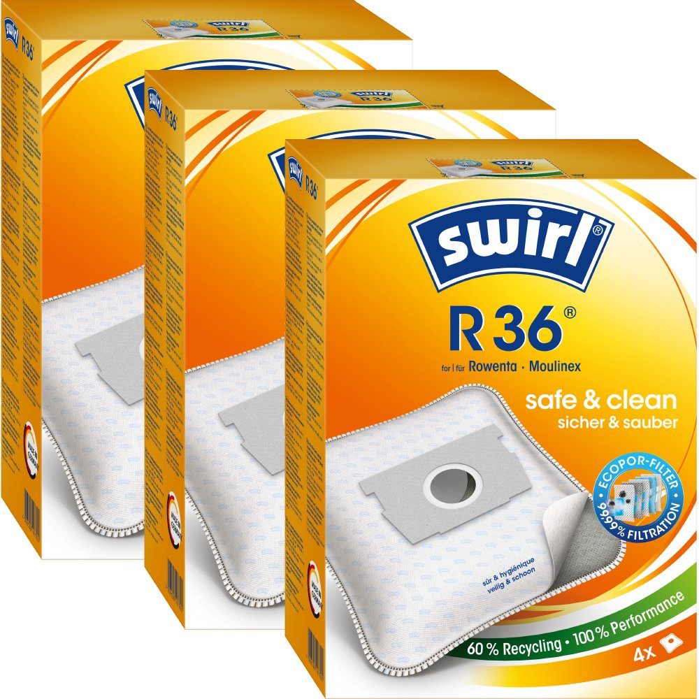 Swirl Staubsaugerbeutel Swirl R36 R 36, passend für Rowenta Moulinex Staubsauger, 12 St., Optimale Passform, EcoPor Qualität für lange Nutzungsdauer