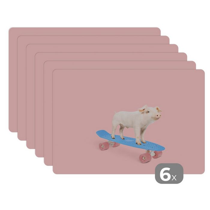 Platzset Schwein - Rosa - Skateboard - Blau - Tiere MuchoWow (6-St) Platzset Platzdecken Platzmatte Tischmatten Schmutzabweisend