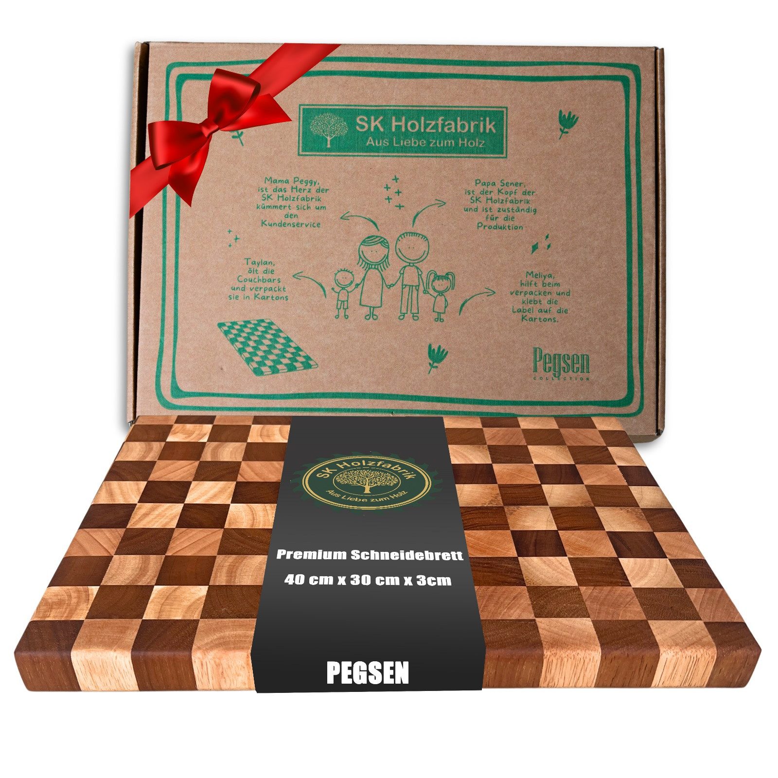 PEGSEN Schneidebrett Premium Küchenbrett Hackblock Holzschneidebrett 40x30x3cm, Stirnholz, Akazie- und Heveaholz, mit rutschfesten Standfüßen, Servierbrett & Tranchierbrett