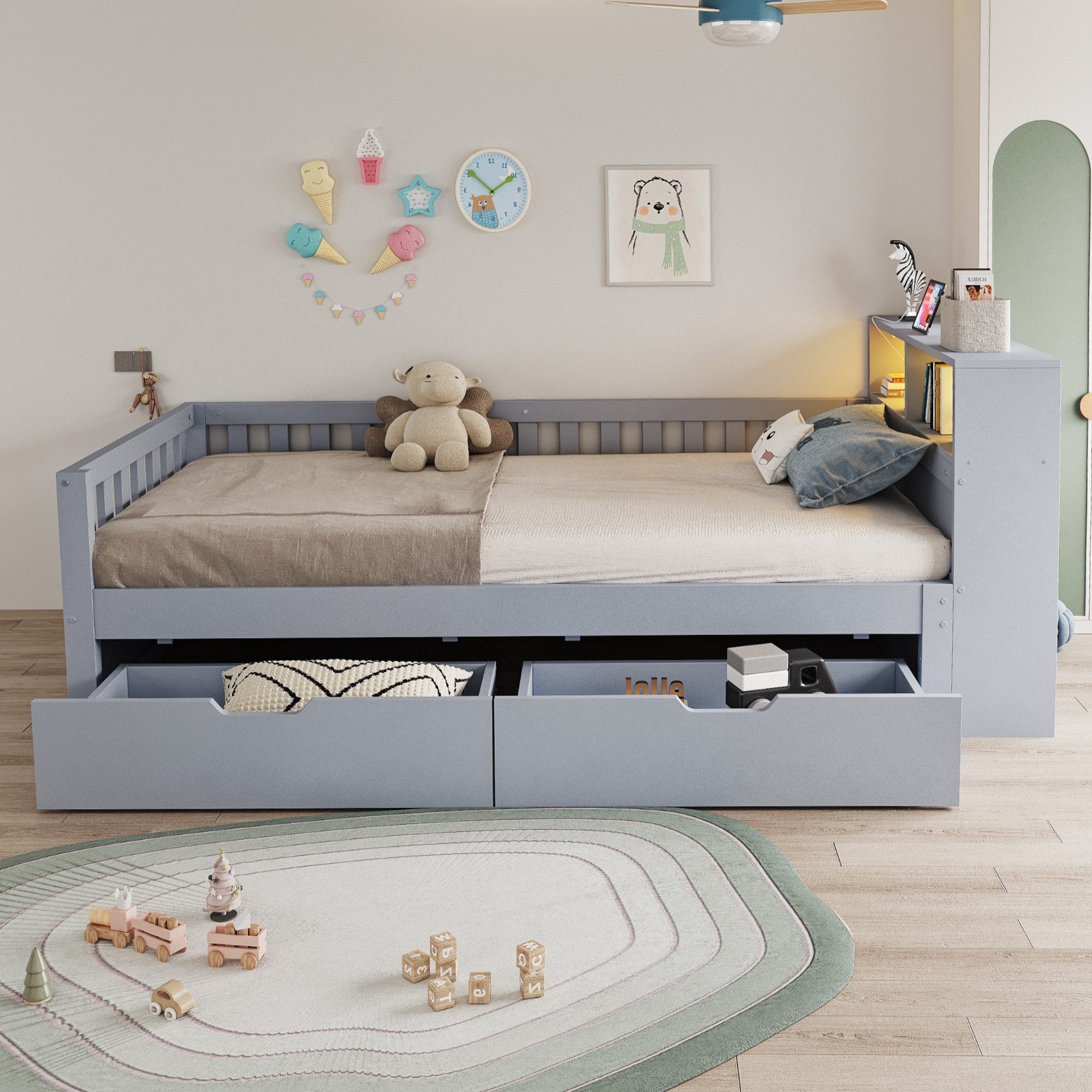 Flieks Holzbett, Kinderbett Einzelbett 90×200cm mit Schubladen, Lichtleiste, Aufladen
