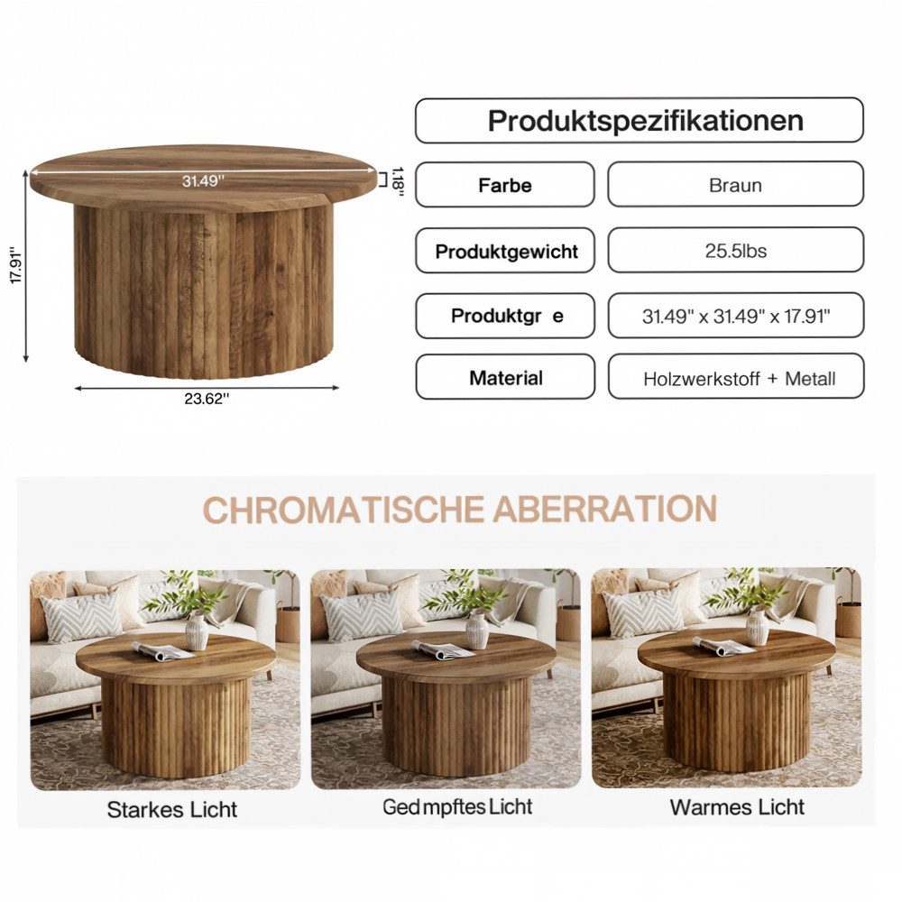 Celya Couchtisch 80 cm Runde Landhaus-Couchtisch (Metallgestell Mit Holzoptik-Platte Für Wohnzimmer) – Bild 3 von 5
