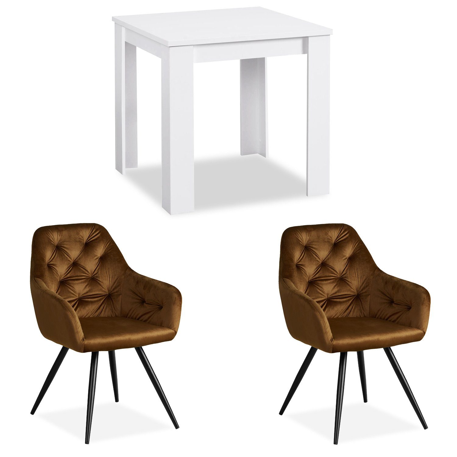 Homestyle4u 80x80 3-tlg) Essgruppe Stühlen 2 Weiß Esstisch cm (Komplett-Set, mit Grau, Samt