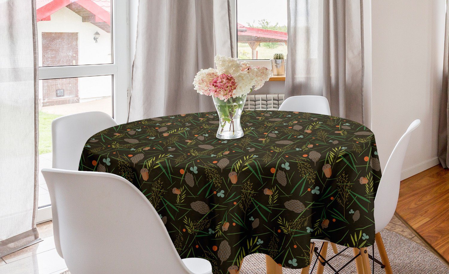 Tischdecke für Esszimmer Tischdecke Küche Dekoration, Eichel Kreis Cones Blätter Tannennadeln Abakuhaus Abdeckung