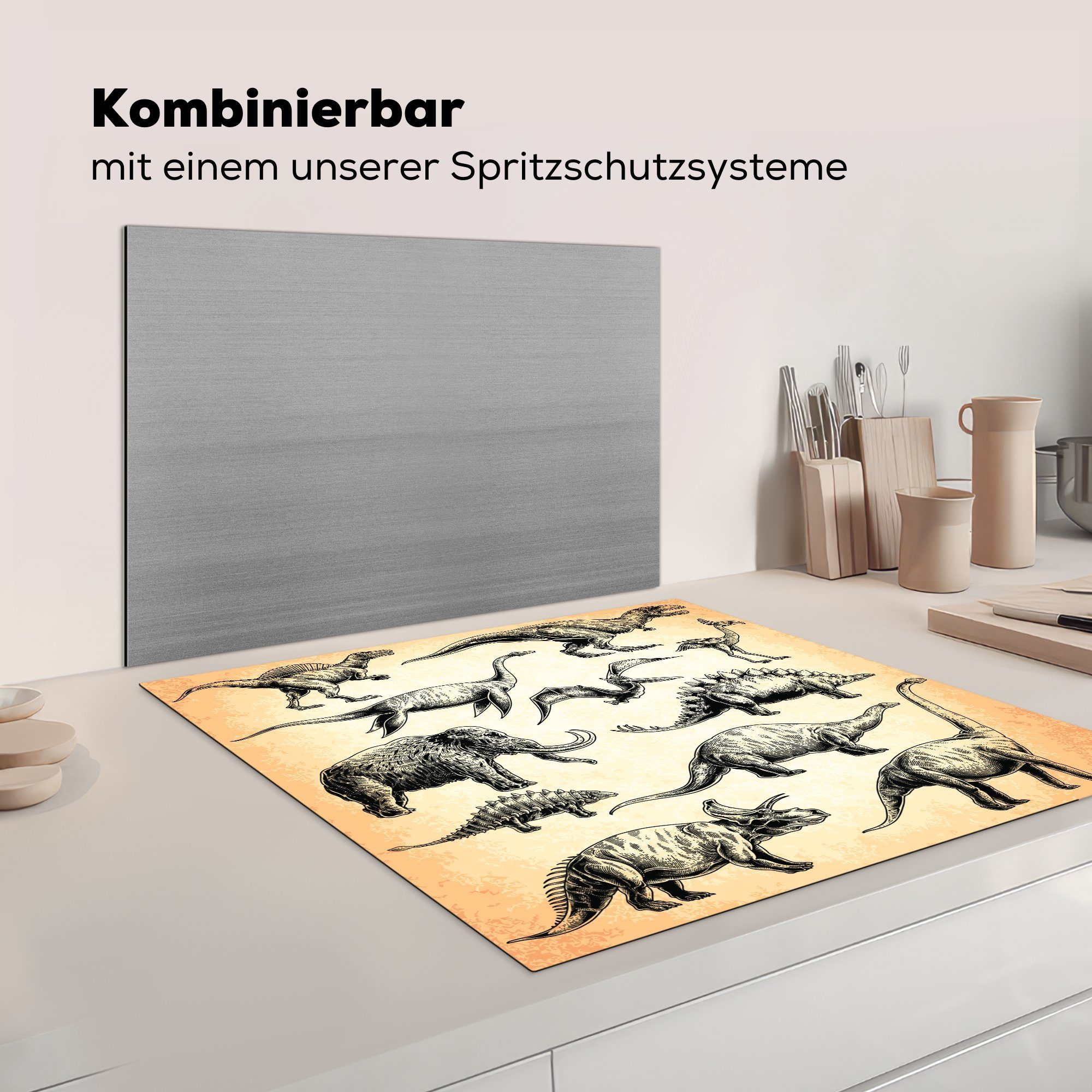 (1 78x78 küche Vinyl, cm, Dinosaurier, Kinder - Arbeitsplatte - Ceranfeldabdeckung, MuchoWow für tlg), Illustration Herdblende-/Abdeckplatte