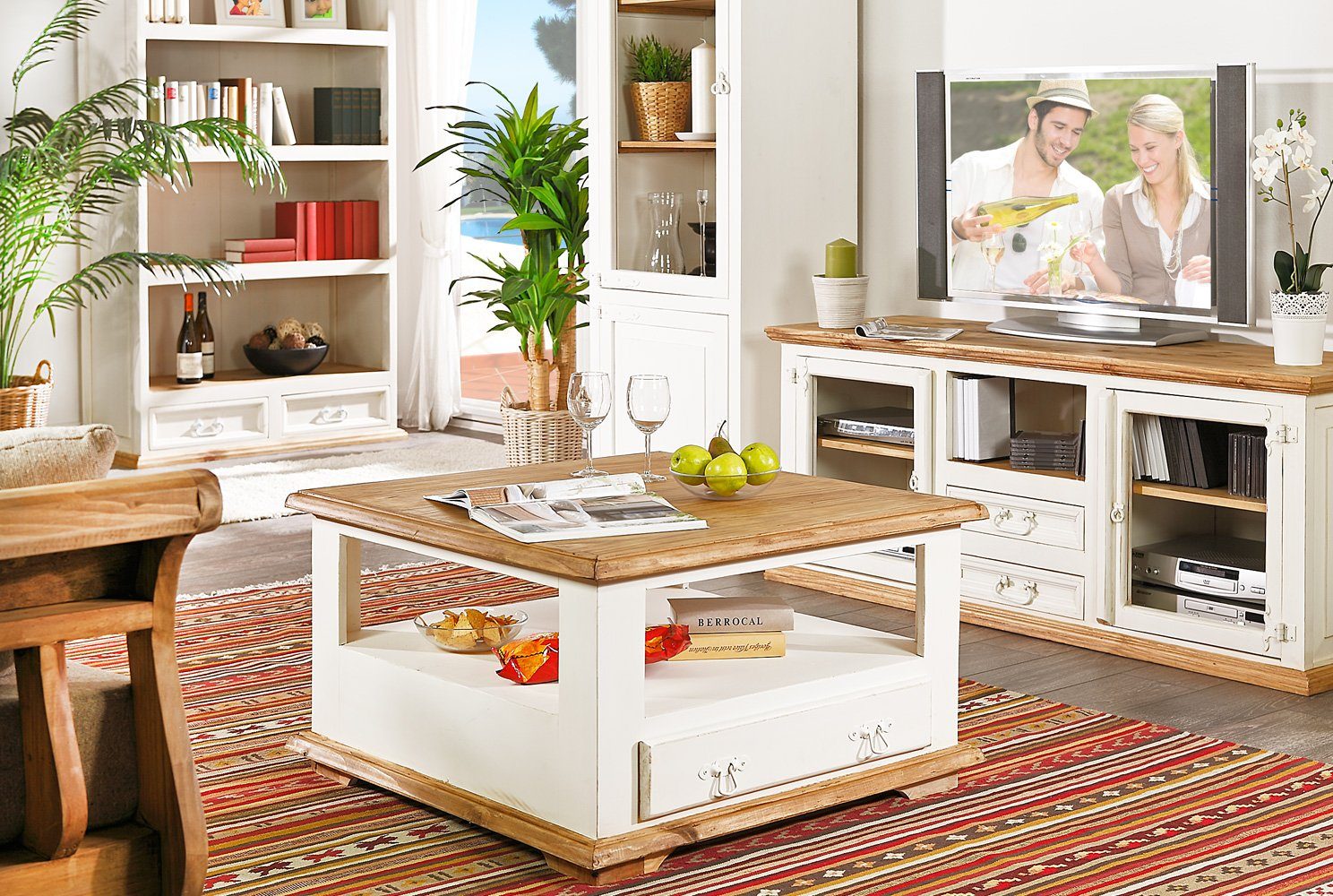 1a Direktimport Couchtisch Couchtisch Stubentisch quadratisch - Pinie weiß honig - Landhausstil