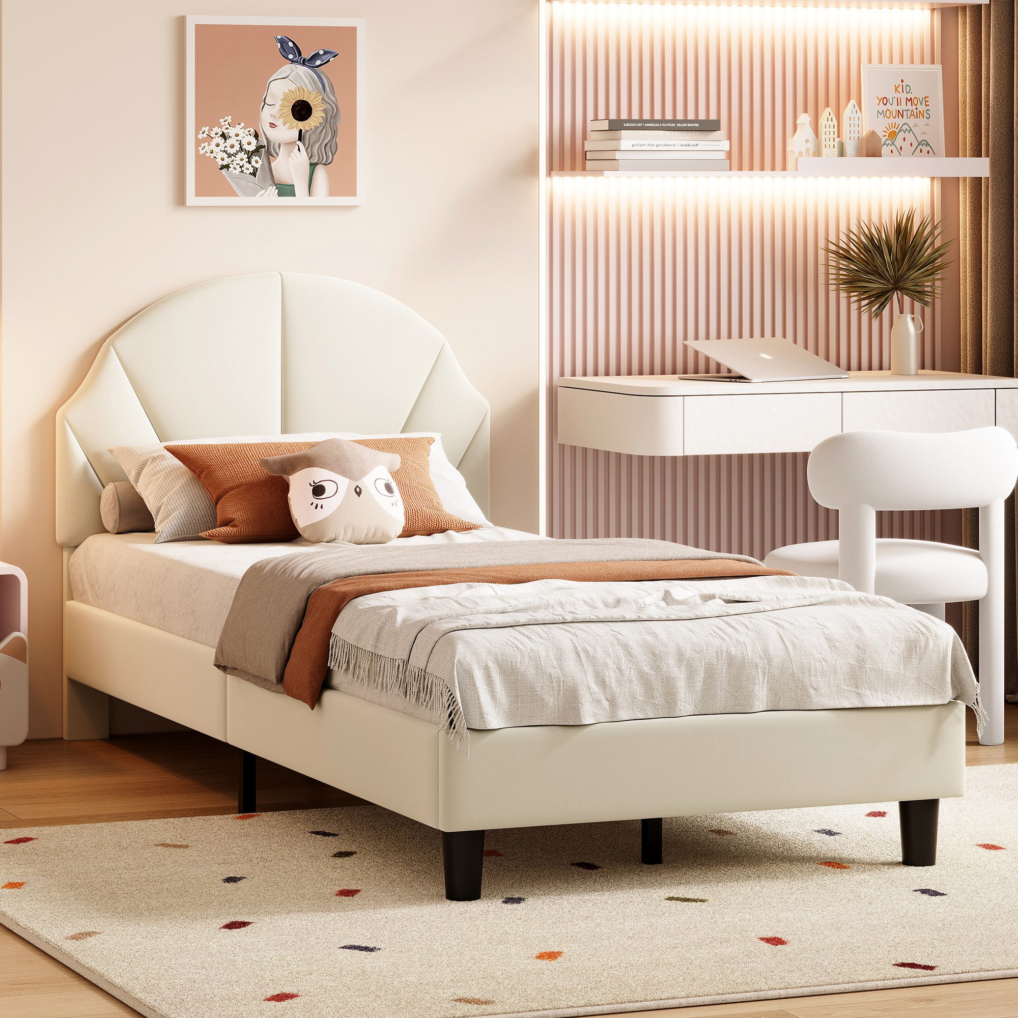 Furnishings Home Polsterbett Einzelbett Polsterbett Jugendbett Samtstoff 90x200 cm (1-tlg), (Geeignet für Jugendliche und Kinder)Verstellbare Kopfteilhöhe