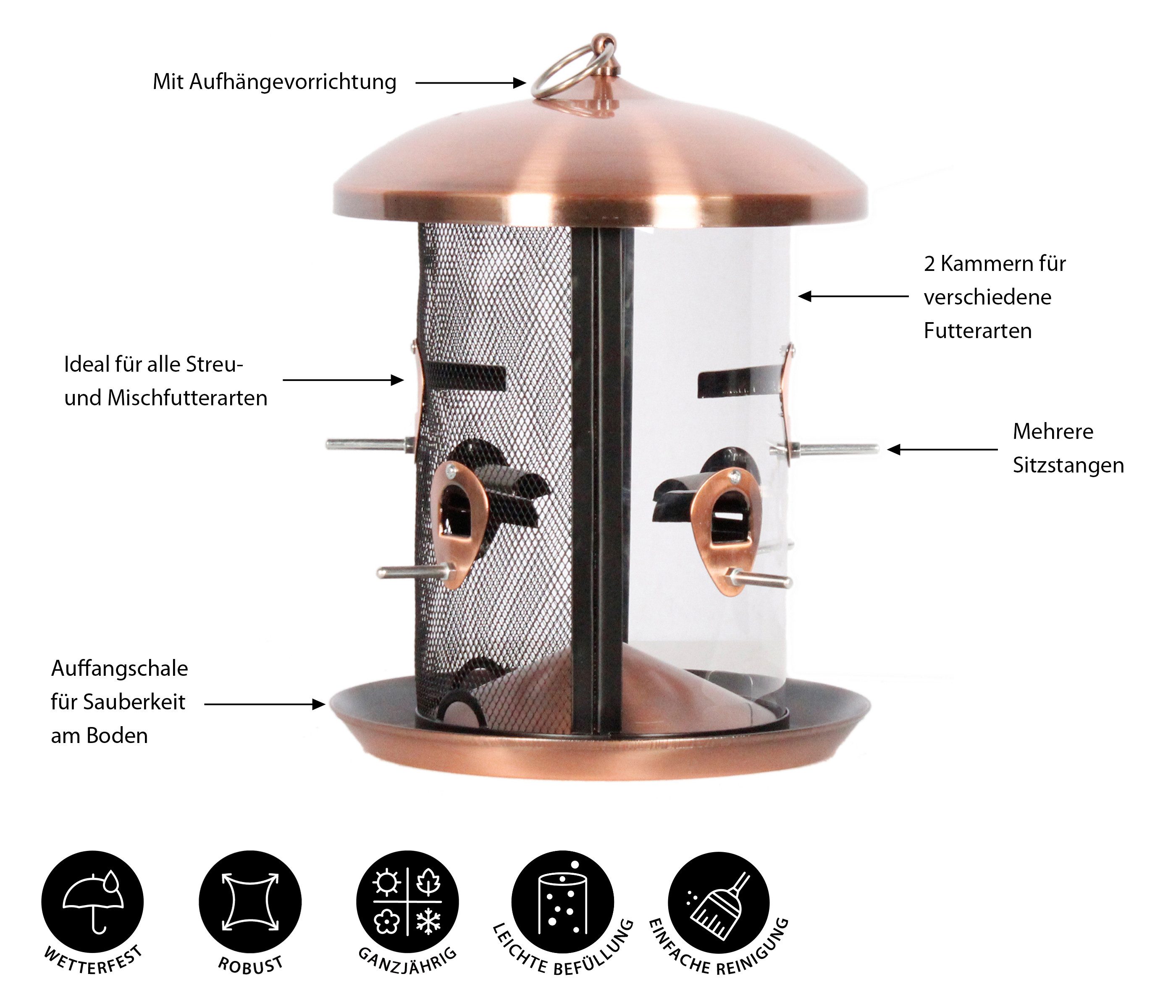 Dehner Vogelhaus Natura Säule Restato für Wildvögel, Ø 24 x 33 cm, Edle Vogelfutterstelle, getrennte Futterkammern und viele Sitzstangen