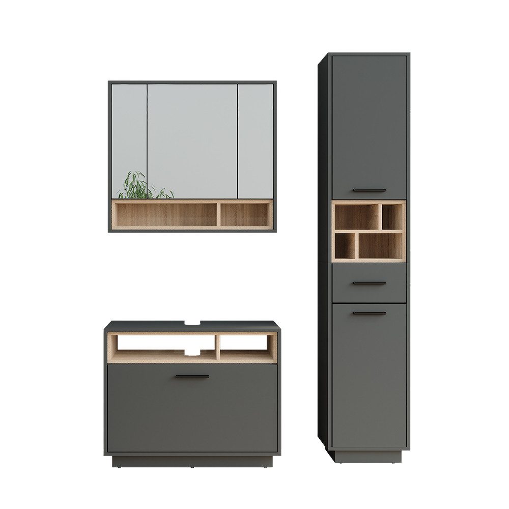Vicco Badmöbel-Set Beatrice, Anthrazit/Sonoma, 3 Teile mit Hochschrank, (3-St., 3er Set)