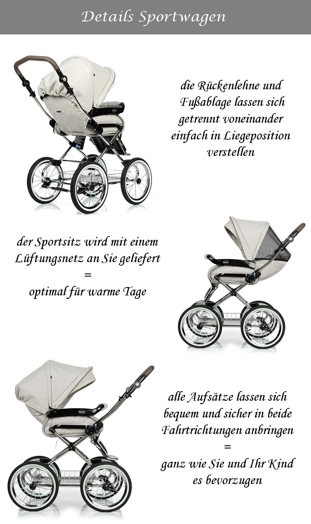 Roan Kombi-Kinderwagen Emma Classic 2 in 1 inkl. Sportsitz und Zubehör in 7 Farben