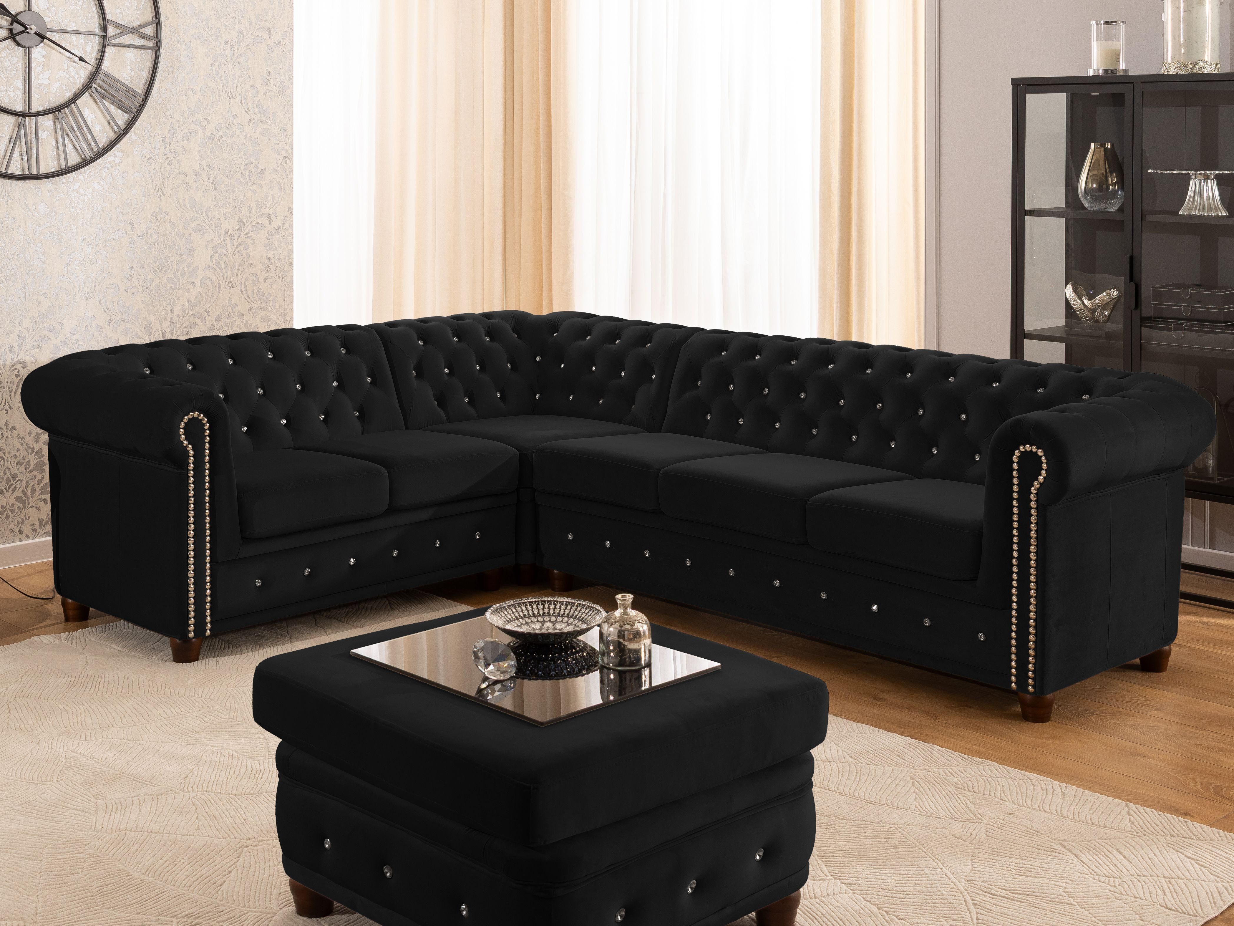 S-Style Möbel Ecksofa Chesterfield L-Form Cleo Blink aus Samt mit Kristallsteppung, mit Wellenfederung