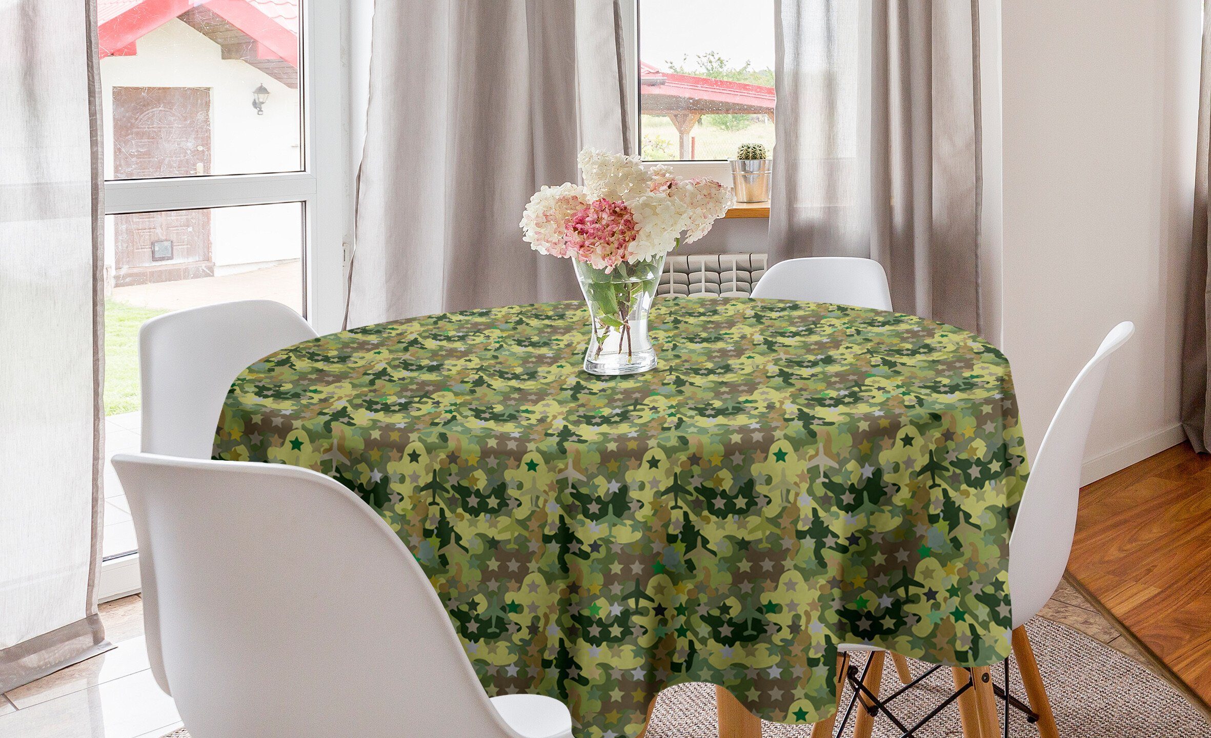 Abakuhaus Tischdecke Kreis Tischdecke Abdeckung für Esszimmer Küche Dekoration, Khaki Camo mit Sternen und Flugzeug