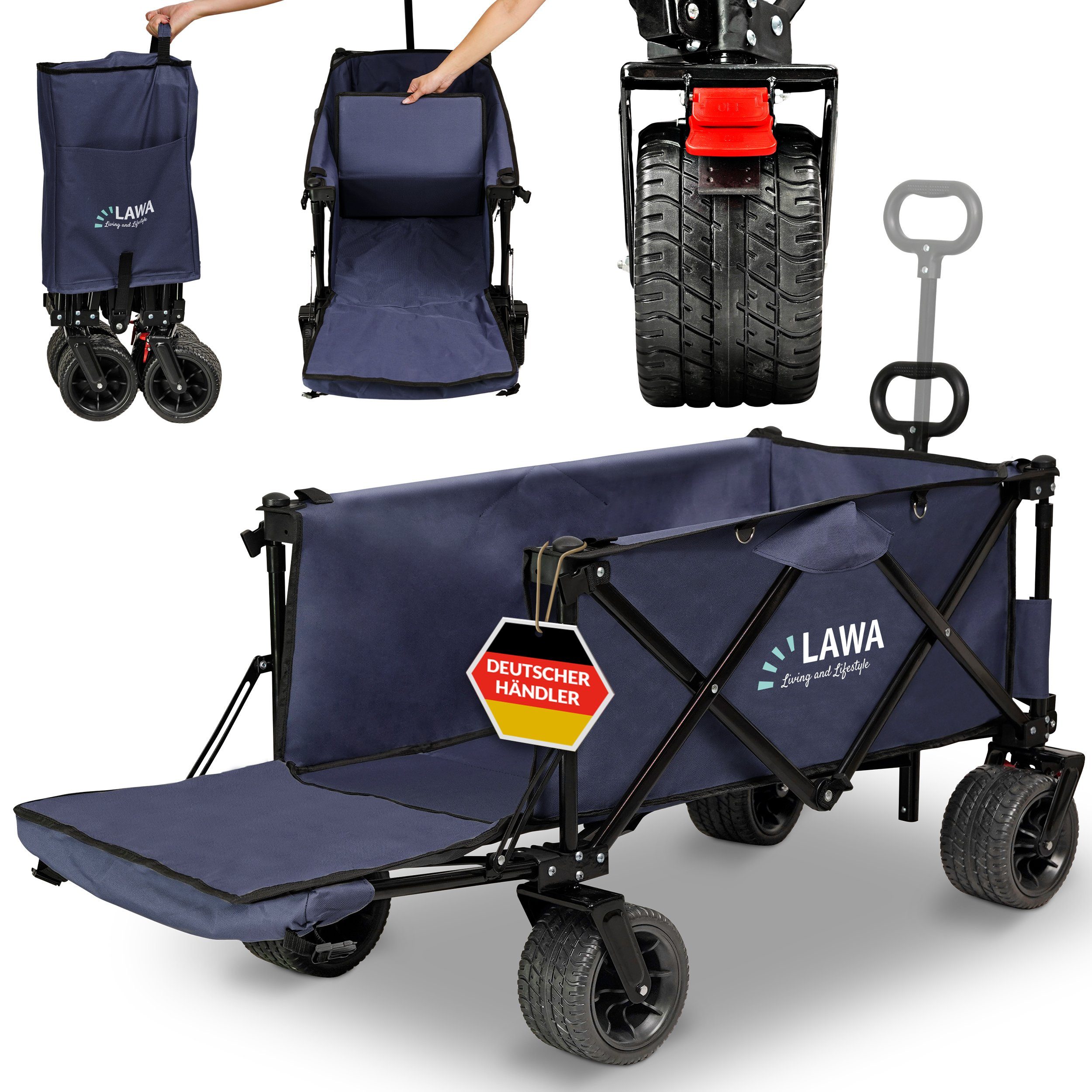 LAWA Living and Lifestyle Тележки faltbar Handwagen mit Bremse klappbar kompakt 100kg (12,4kg leicht), mit Heckklappe, sehr kleines Packmaß, Blau