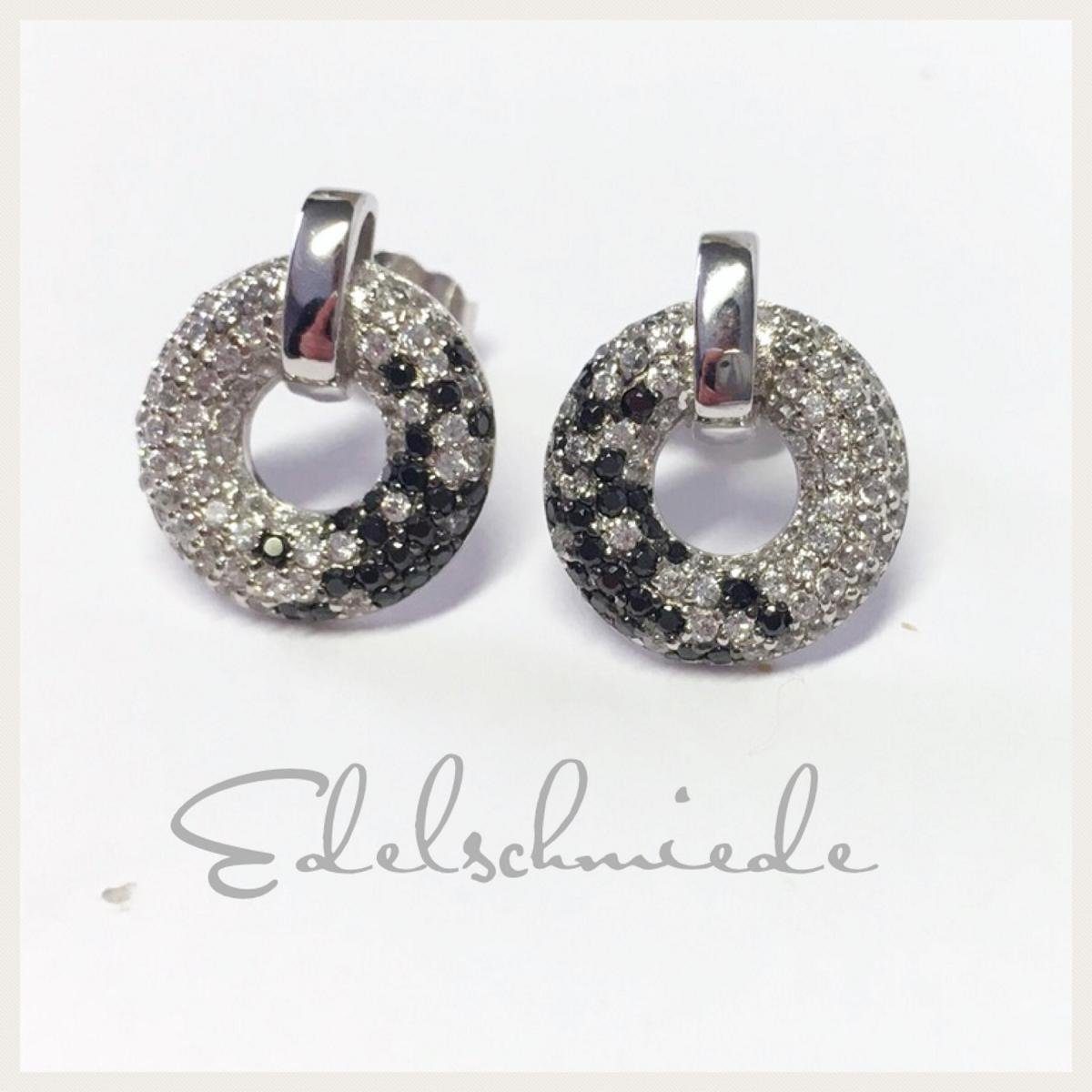 Ohrstecker-Set 925/- Sterling Silber rhod schwarze und weiße Zirkonias