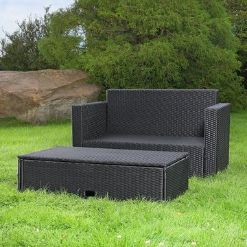 Melko Gartenlounge-Set Gartensofa Lounge Sessel Gartenmöbel aus Polyrattan und klappbare Fußbank in Schwarz, Grau und Braun Gartensofa Sitzgarnitur Hocker XXL Balkon Sitzbank Liege, (Set, 2-tlg), Kissen inkl. Reißverschluss, daher abnehm- und waschbar