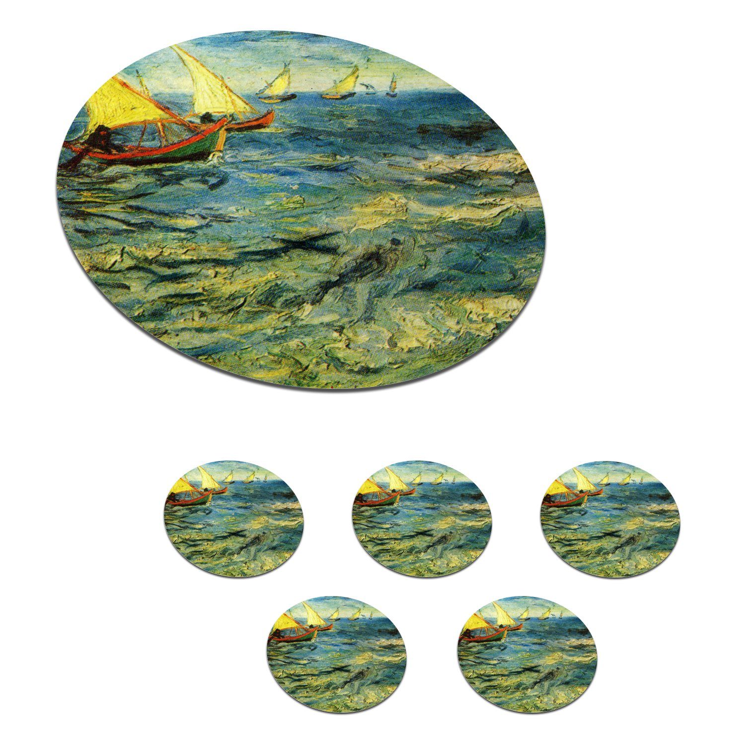 MuchoWow Glasuntersetzer Fischerboote auf dem Meer - Vincent van Gogh, Zubehör für Gläser, 6-tlg., Getränkeuntersetzer, Tassenuntersetzer, Korkuntersetzer, Tasse, Becher