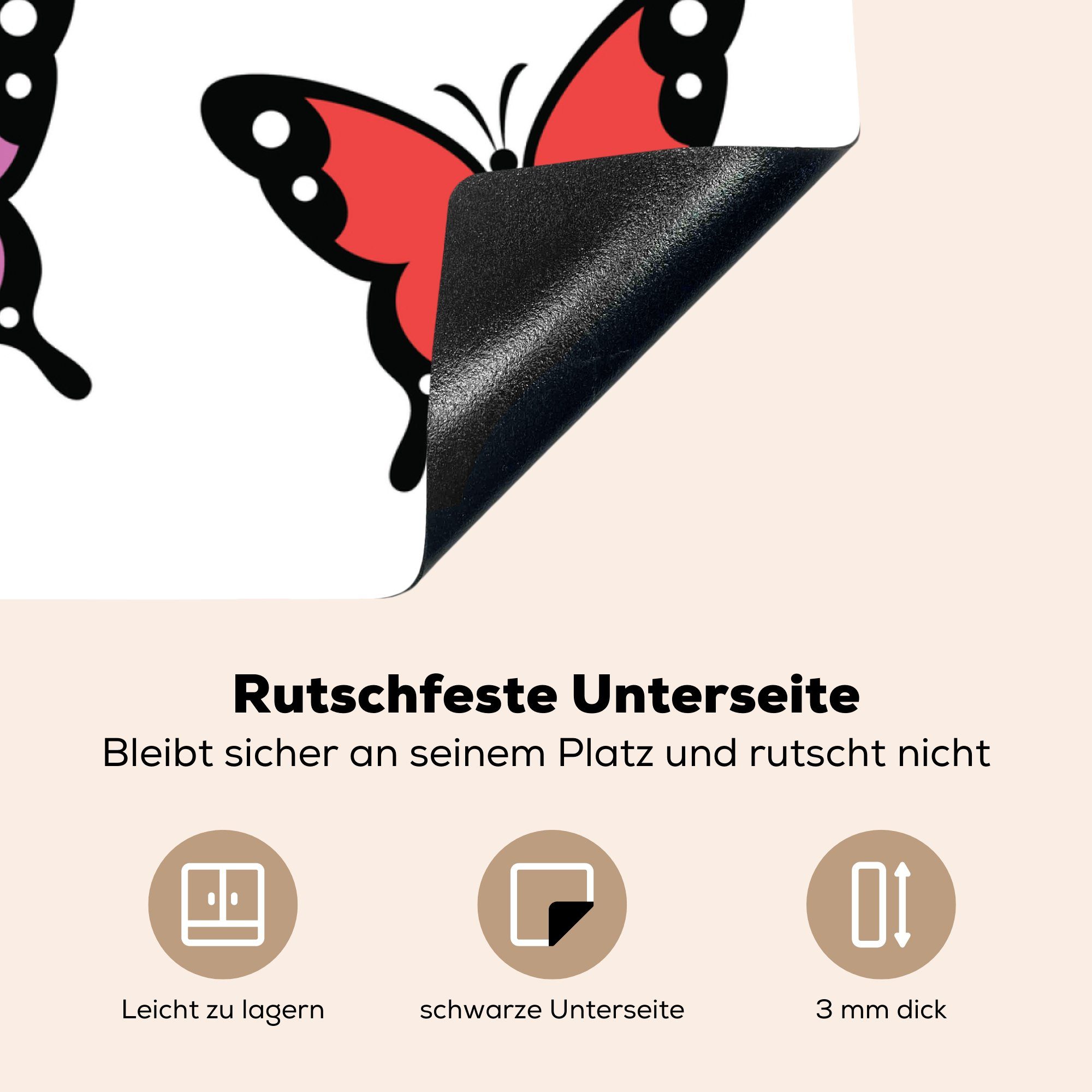 weißen, einem Herdblende-/Abdeckplatte 78x78 von küche Arbeitsplatte Vinyl, tlg), Eine (1 auf Ceranfeldabdeckung, cm, Illustration neun MuchoWow Schmetterlingen für