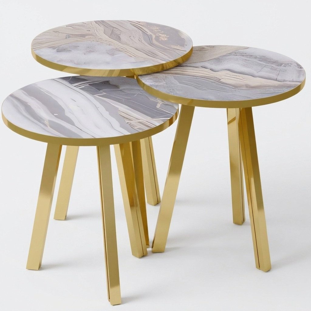 Xlmoebel Satztisch Graues Couchtisch-Set aus Holz und Metall mit eleganten Rundformen (Set, 3-teilig), Made in Europa