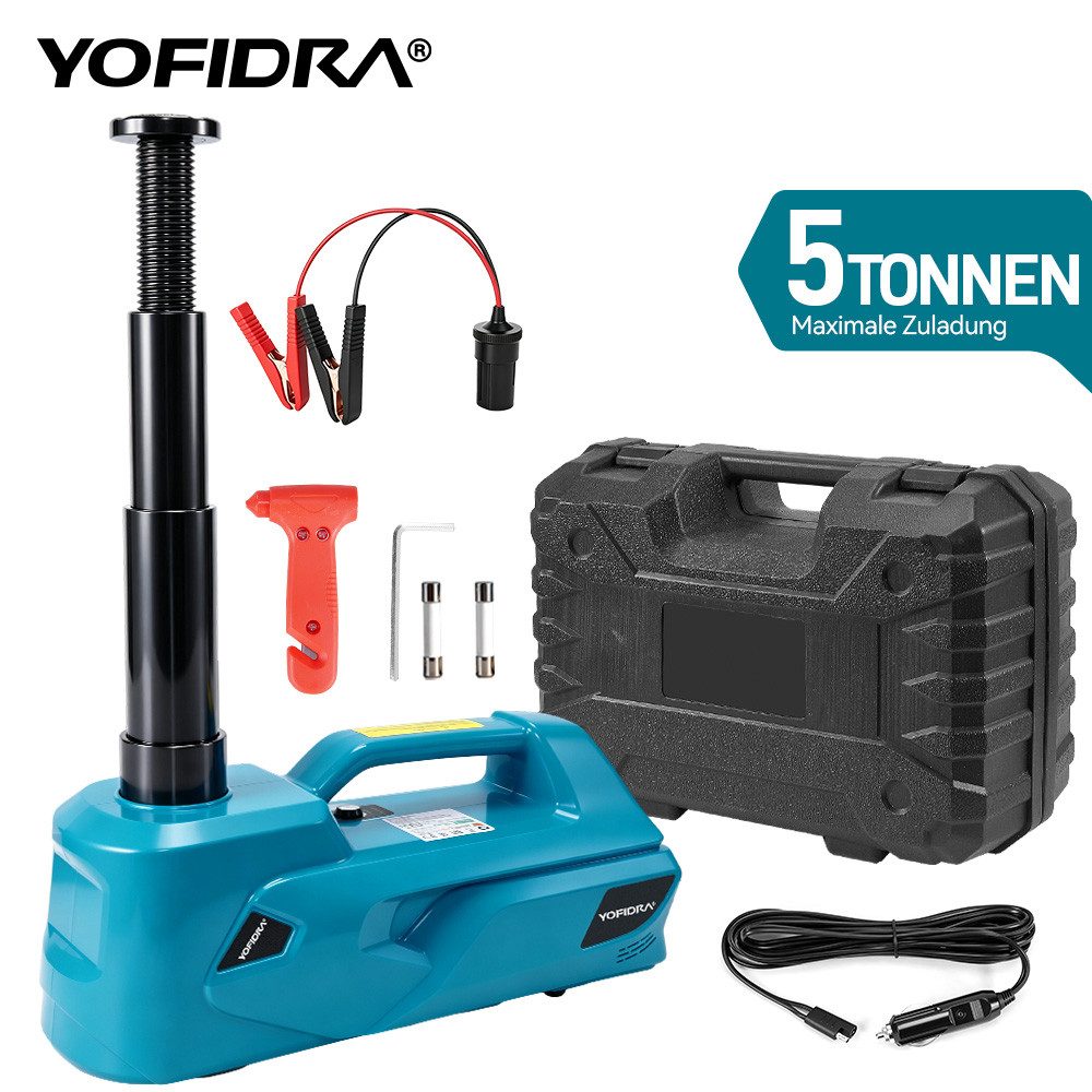 Yofidra Wagenheber Elektrischer hydraulischer Wagenheber 5T, 180 W, 12V Autoheber mit LED, max. Hubhöhe: 53 cm, 1-tlg., Sicherheitsventil & Komplett-Set für PKW, SUV, MPV und LKW