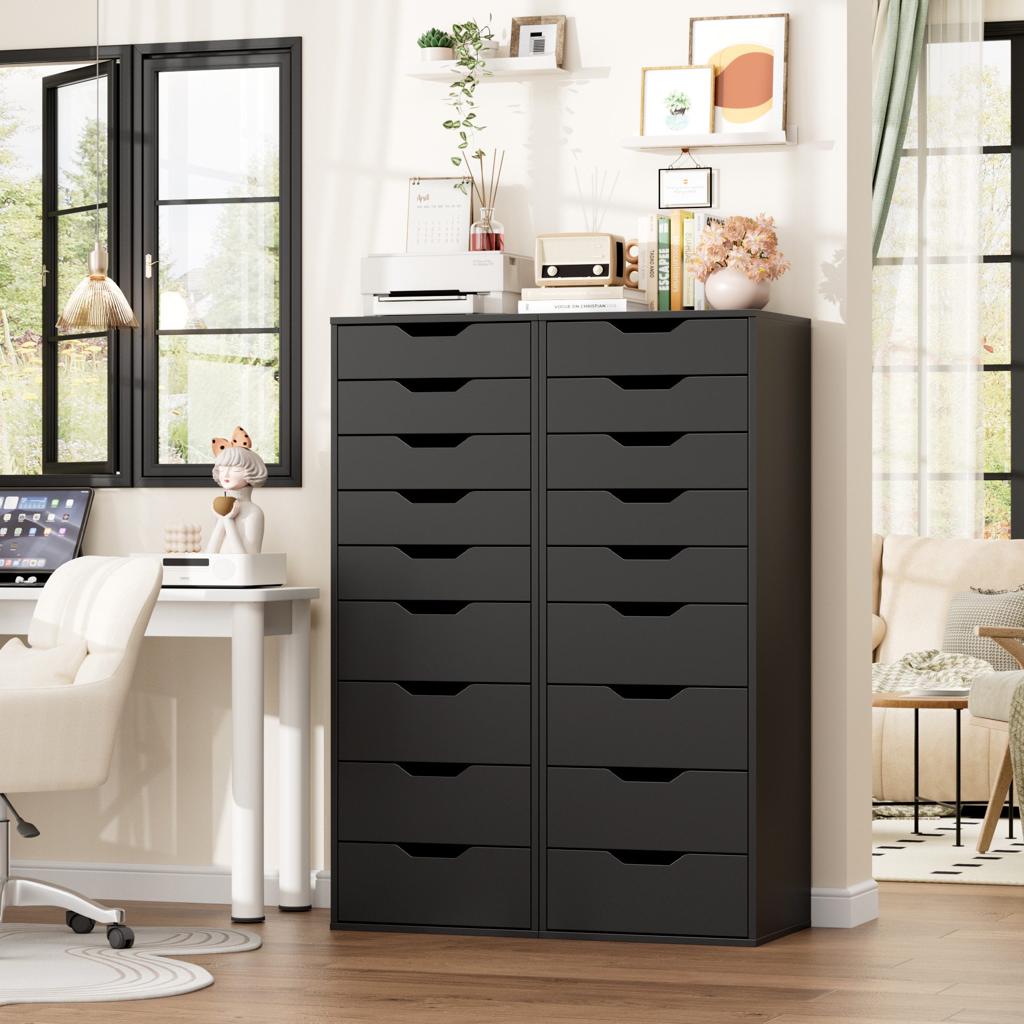 Homfa Kommode Schubladenschrank, Hochkommode, mit 9 Schubladen, schmal, schwarz, 45x40x124 cm