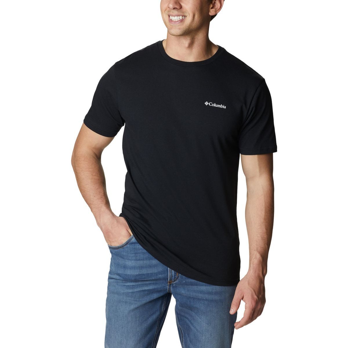 Columbia Kurzarmshirt Barton Springs Short Sleeve Graphic Tee Bequemes T-Shirt mit dezentem Brustlogo und auffälliger Rückengrafik