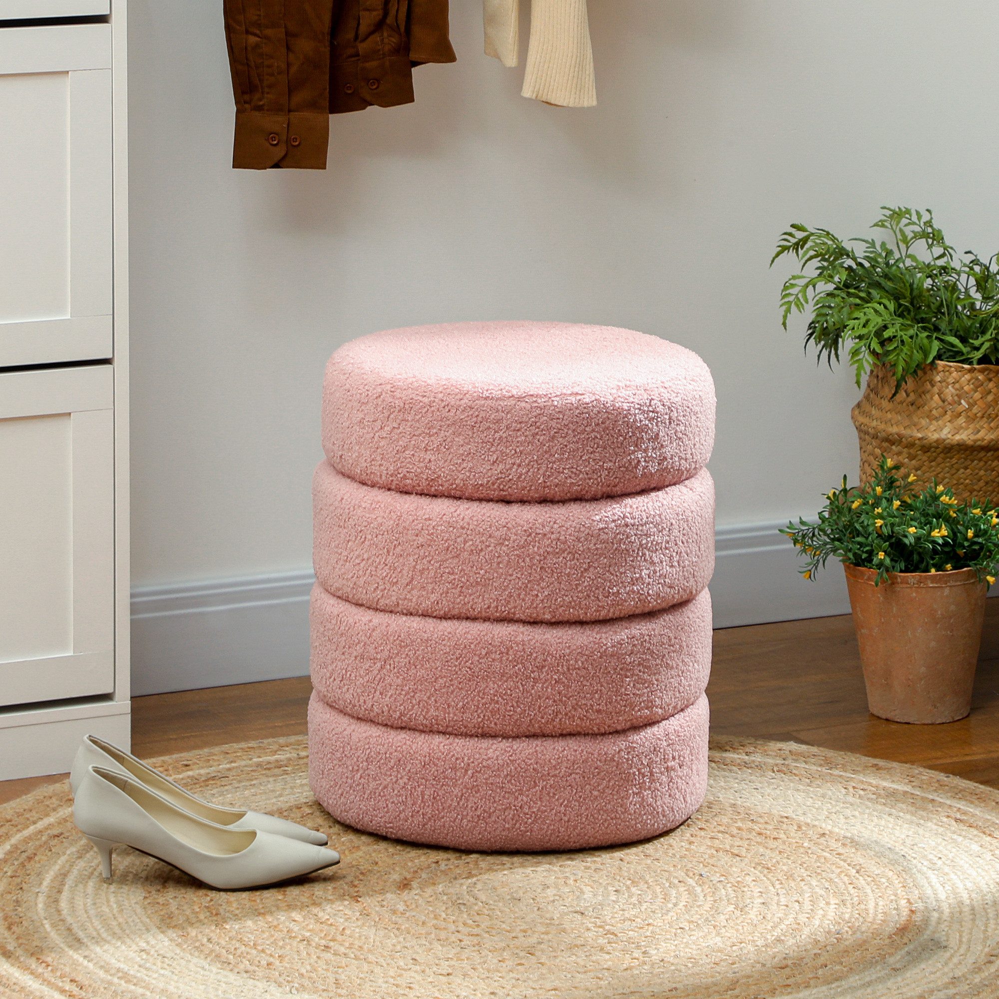 HOMCOM Fußhocker Sitzhocker Hocker rund mit Teddysamt-Optik Ottoman (Runder Polsterhocker, 1 St., Fußstütze), für Wohnzimmer, Schlafzimmer, Rosa, Ø40 x 45 cm