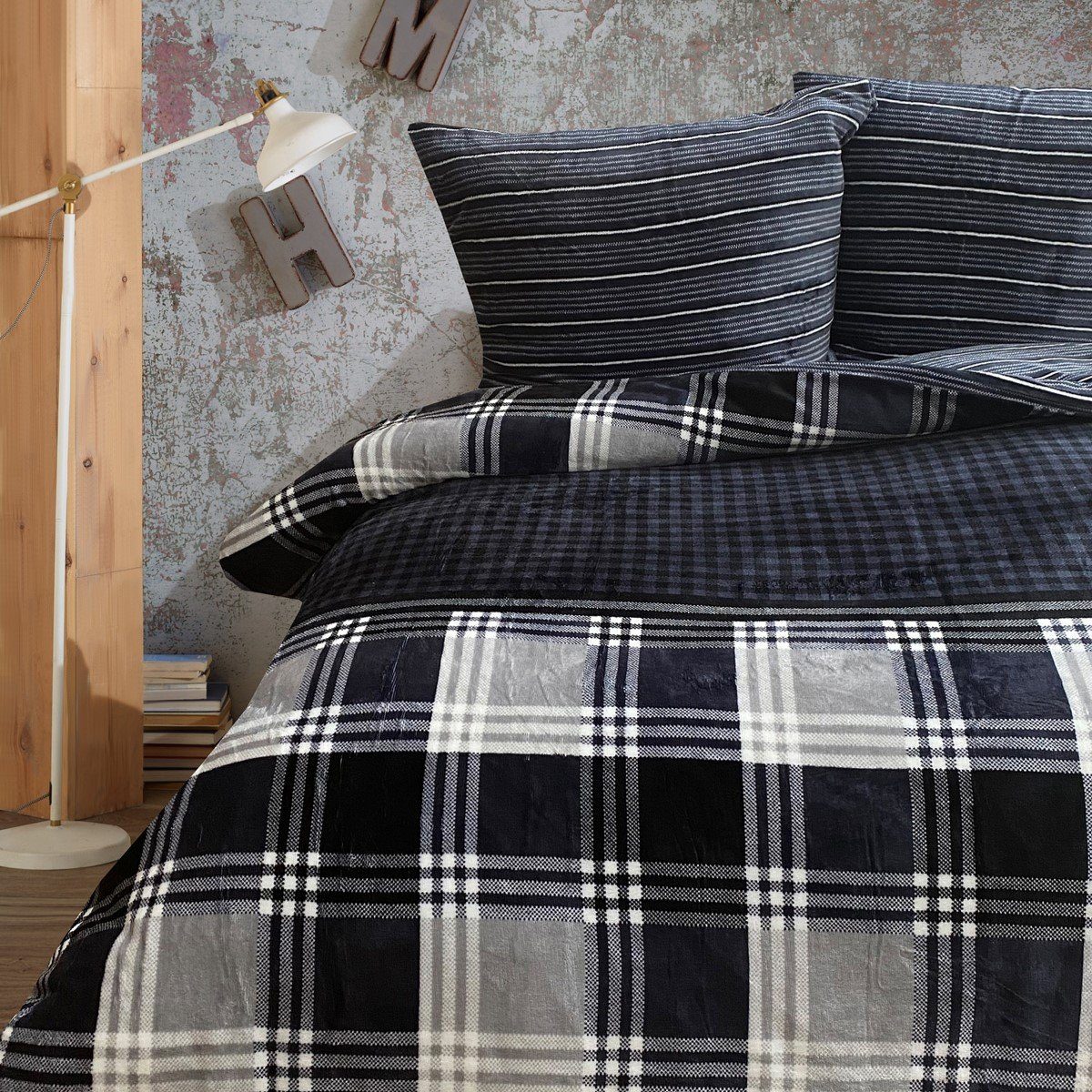 Buymax Bettwäsche Teddy Plüsch Bettezug-Set, Fleece, 2 teilig, 155x220 cm, Winter, flauschig, warm, gestreift, kariert, Rot