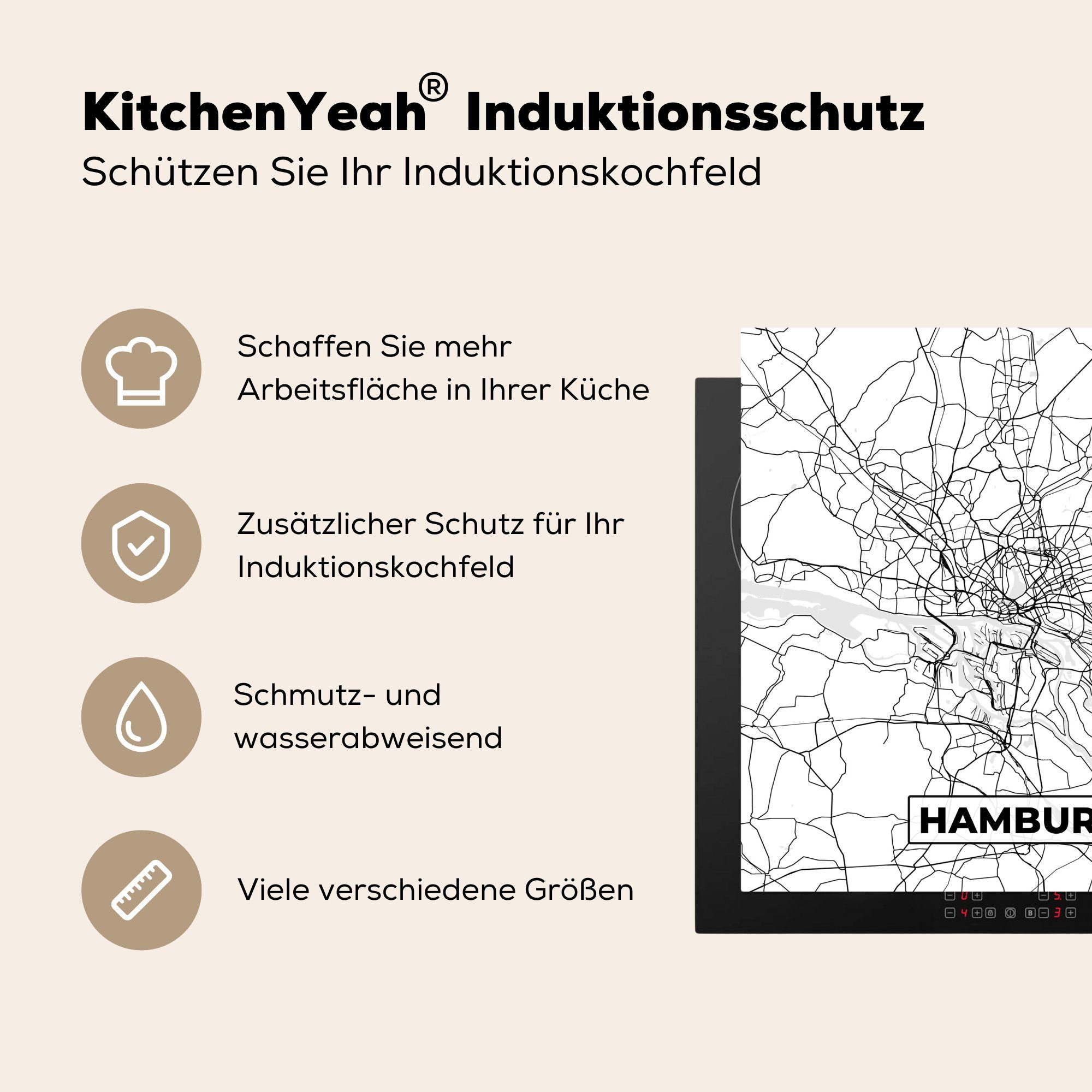 Hamburg Karte Stadtplan, 78x78 cm, Ceranfeldabdeckung, - tlg), für küche - Arbeitsplatte MuchoWow Herdblende-/Abdeckplatte (1 Vinyl,