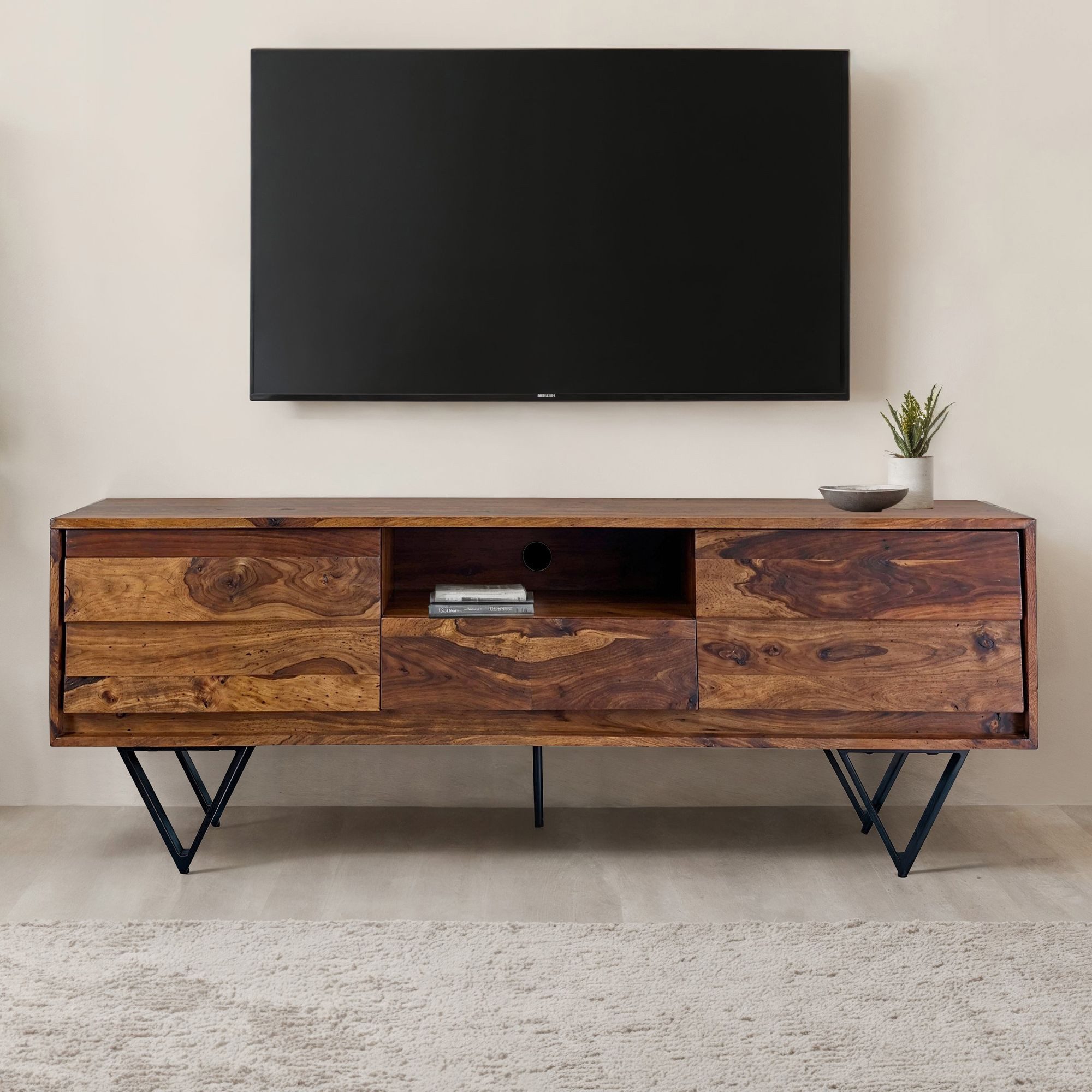 furnicato Lowboard TV Massivholz Walnuss Finish 160x56x35 cm Hellbraun (1 St), Kabeldurchlass TV-Unterschrank mit 3D-Optik und viel Stauraum