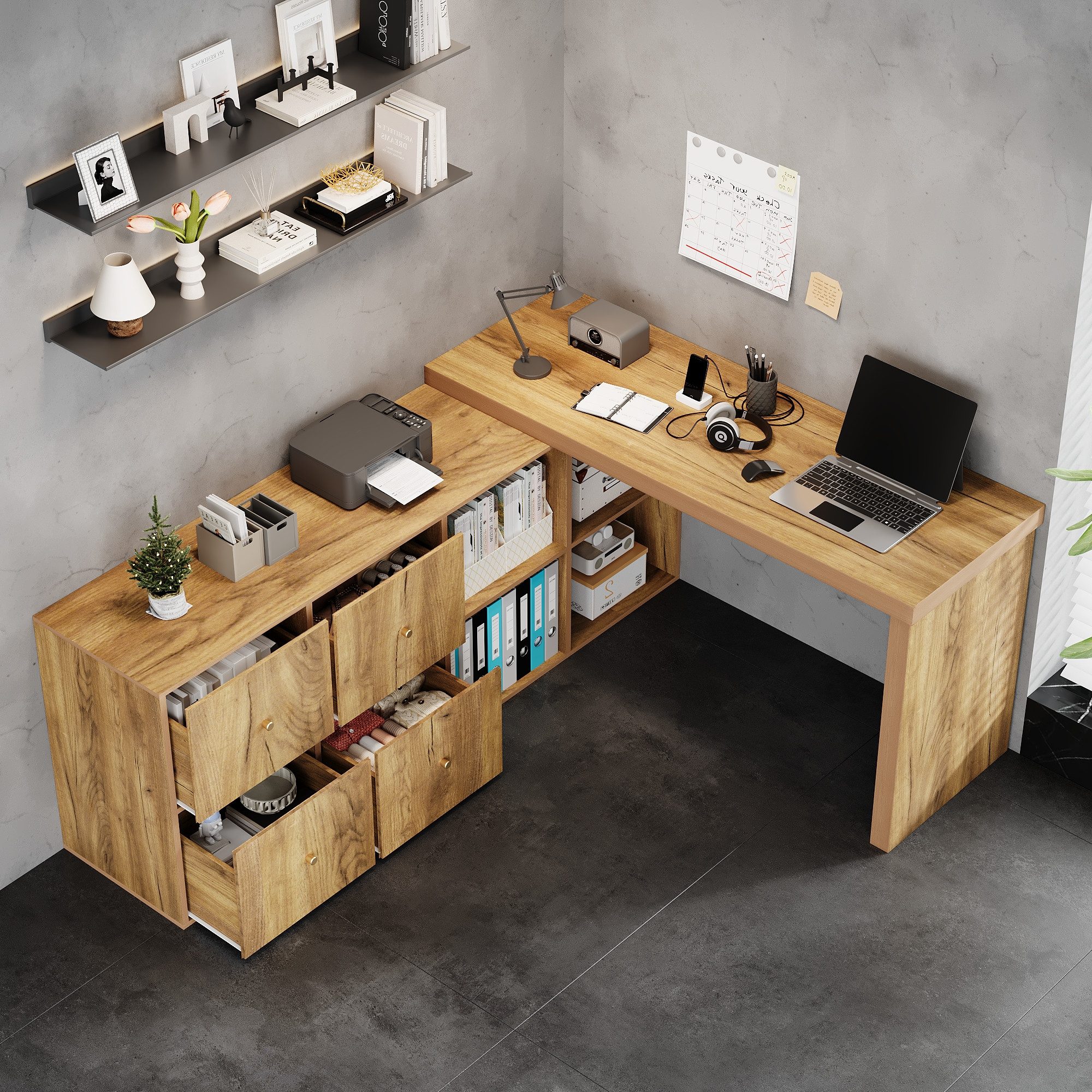 Flieks Schreibtisch 360° drehbar Bürotisch mit 4 Schubladen und 4 Fächern (Tischlänge 120xT48xH78 cm/Schranklänge 140xT35 cm, 2-St., 1 Tisch schwenkbar), Comput – Bild 3 von 5