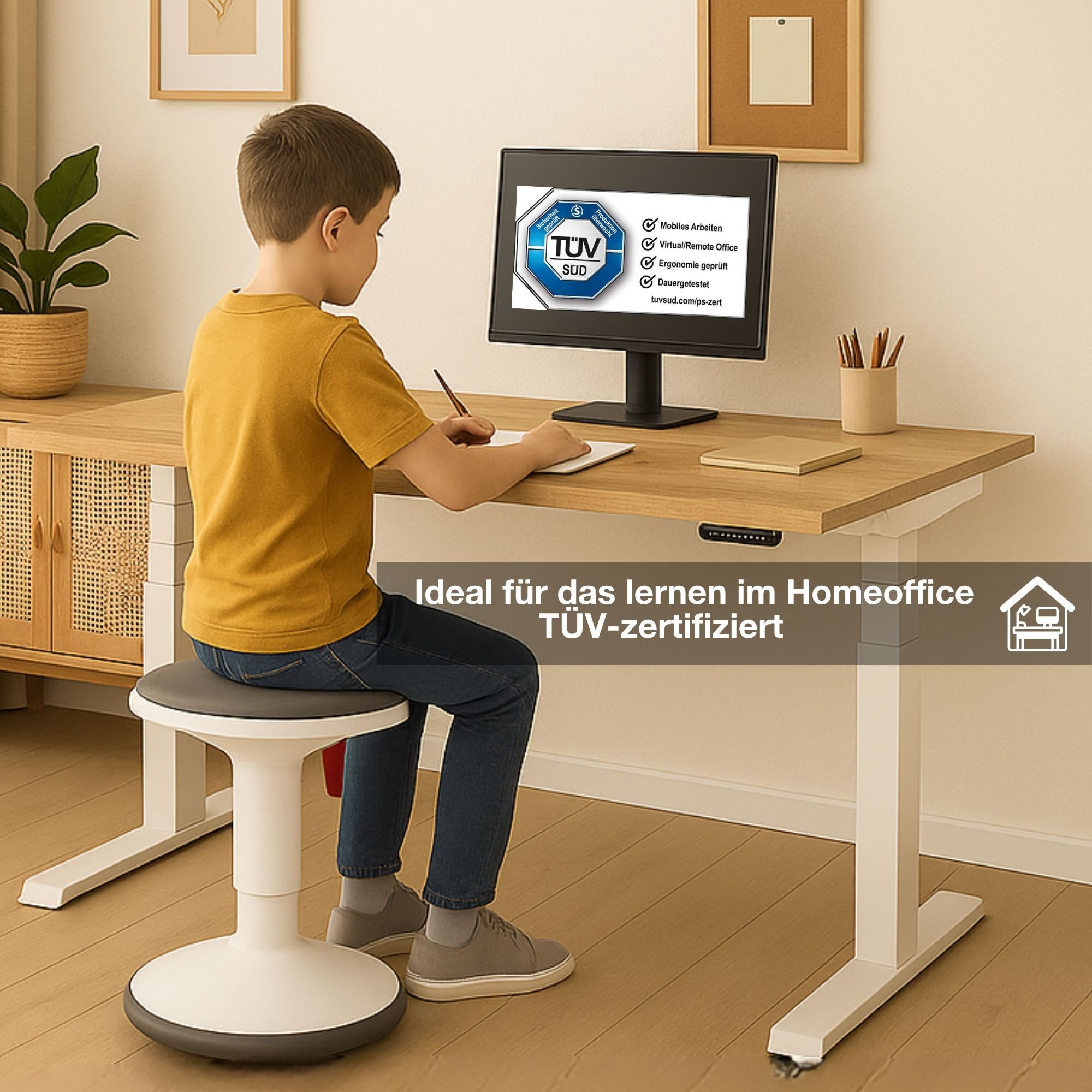 ASSMANN Büromöbel Kinderschreibtisch JUNIOR (120x70cm Weiß Kollisions-Schutz, Elektrisch höhenverstellbar, Familiengerecht, Verriegelungsfunktion 2-fach-Motorik Dreifachhub, einfache Montage, für Büro und Homeoffice), TÜV-zertifiziert, Blauer Engel, 5 Jahre Herstellergarantie