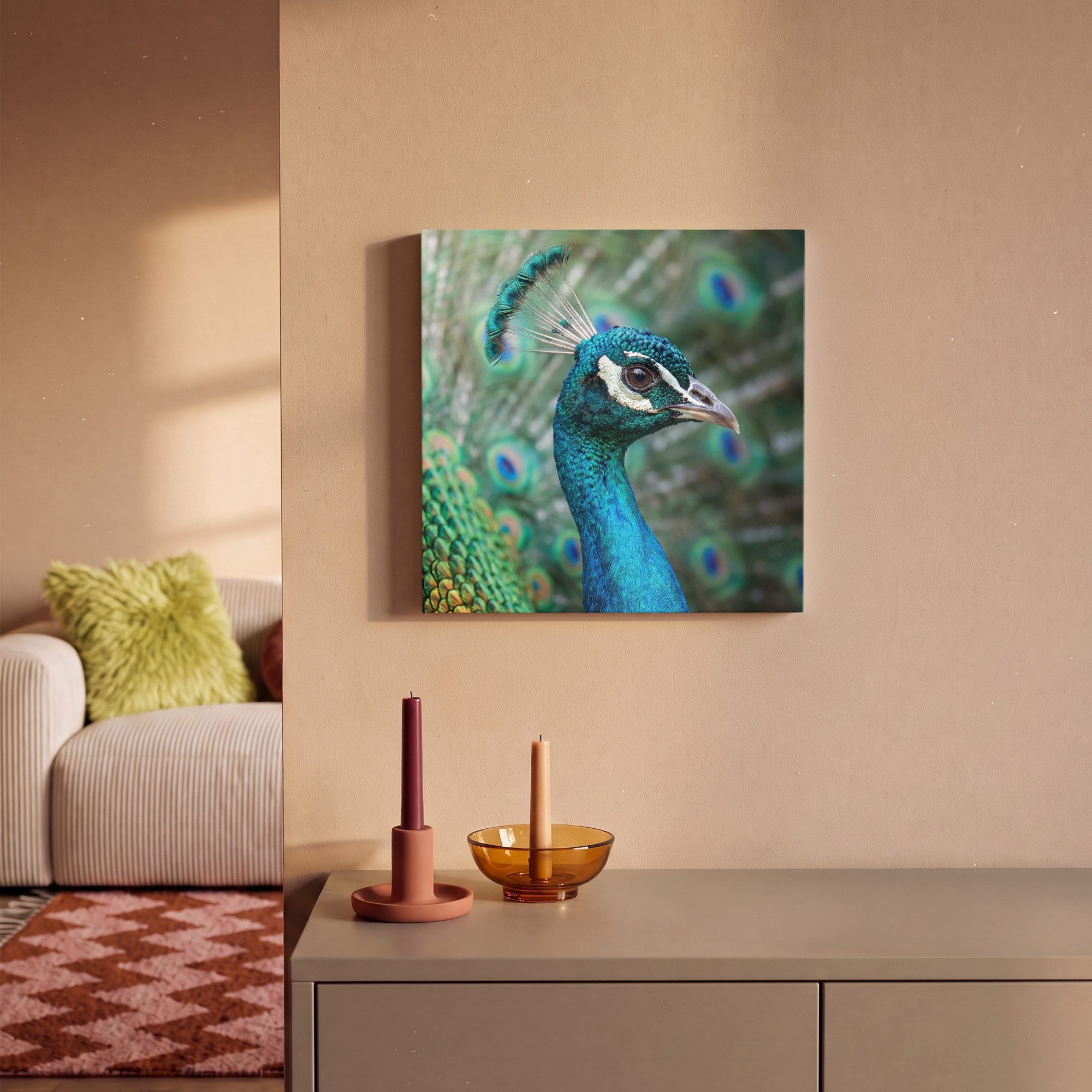 OneMillionCanvasses® Leinwandbild Pfau - Federn - Blau, Fotodruck (1 St), Wandbild, Deko Schlafzimmer Wohnzimmer Flur 20x20 cm – Bild 2 von 5