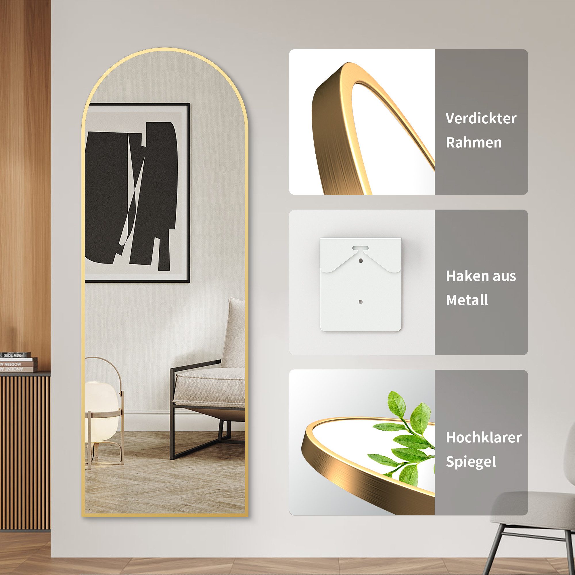 Boromal Spiegel Flur Ganzkörper 150x50 Wandspiegel Gold groß Flurspiegel modern Oval (Ganzkörperspiegel, Rundbogen), für Flur,Garderobe,Schlafzimmer,Wohnzimmer,Friseurladen,Hotel