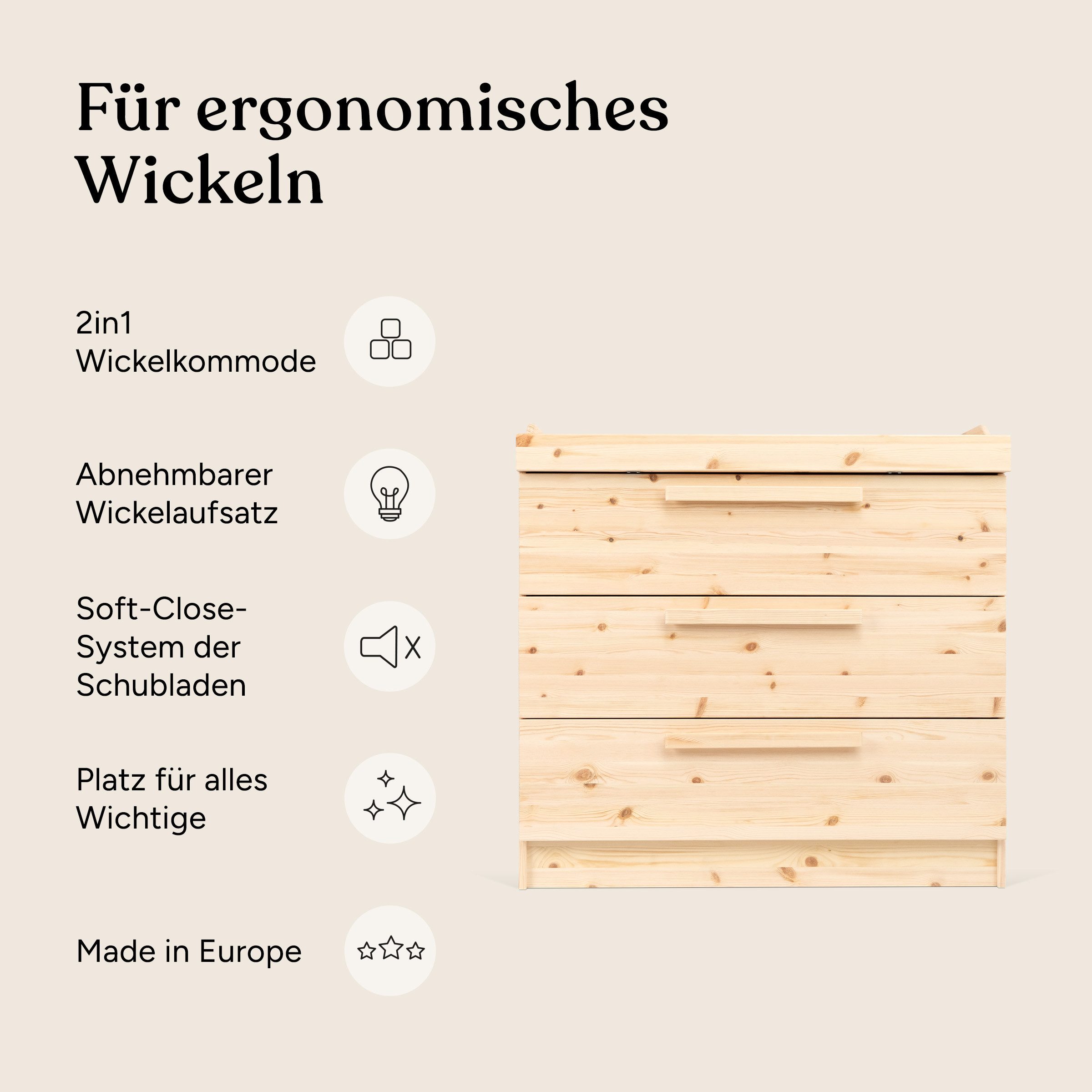 Ehrenkind Wickelkommode Linia mit abnehmbarem Wickelaufsatz aus Kiefer, 3 Schubladen, made in Europe
