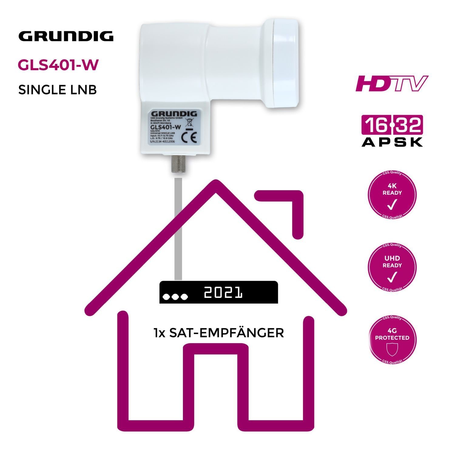 401 HD, Aufdrehhilfe hitzebeständig) (LTE Wetterschutzkappe, Universal-Single-LNB + Filter weiß GLS GSS 4K, Full - kälte- &