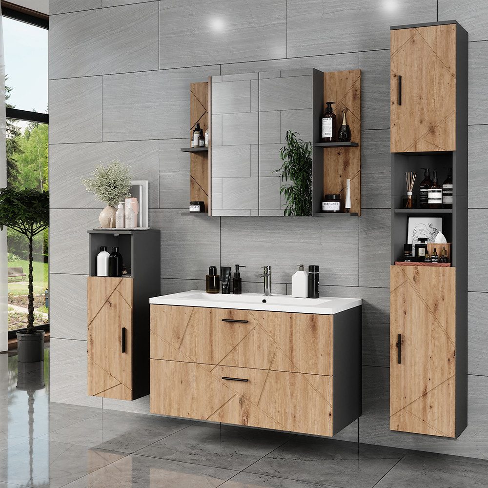 Vicco Badmöbel-Set Irma, Anthrazit/Goldkraft Eiche, 5 Teile, (5-St., 5er Set)