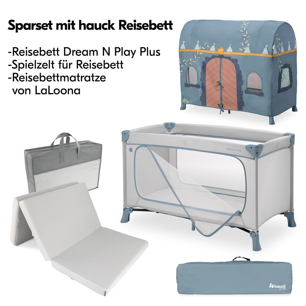 Hauck Baby-Reisebett Dream N Play Plus Set - Dusty Blue, Baby Kinderreisebett mit großem Eingang, Matratze & Spielzelt faltbar