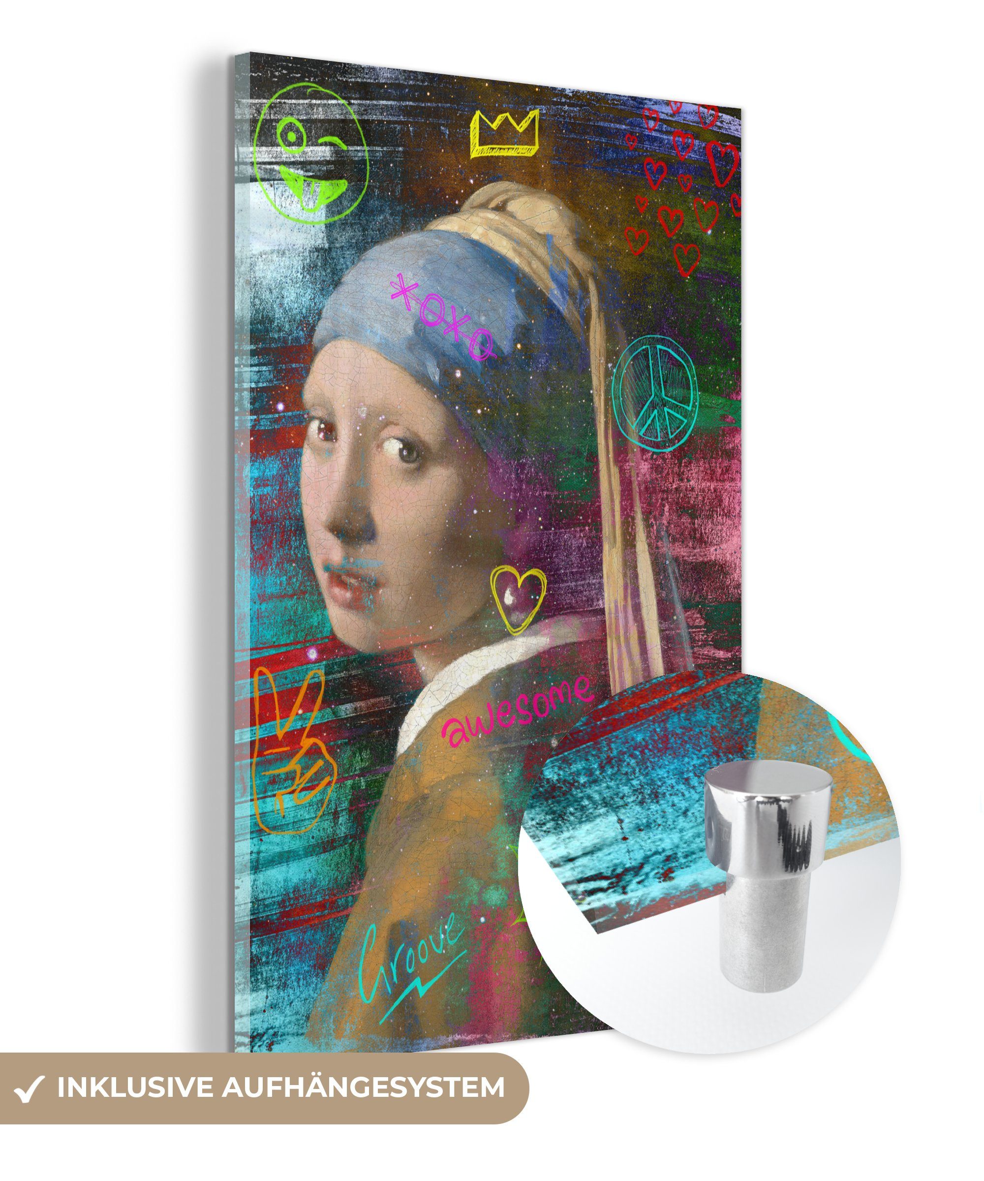 MuchoWow Acrylglasbild Das Mädchen mit dem Perlenohrring - Johannes Vermeer - Neon, (1 St), Glasbilder - Bilder auf Glas Wandbild - Foto auf Glas - Wanddekoration bunt