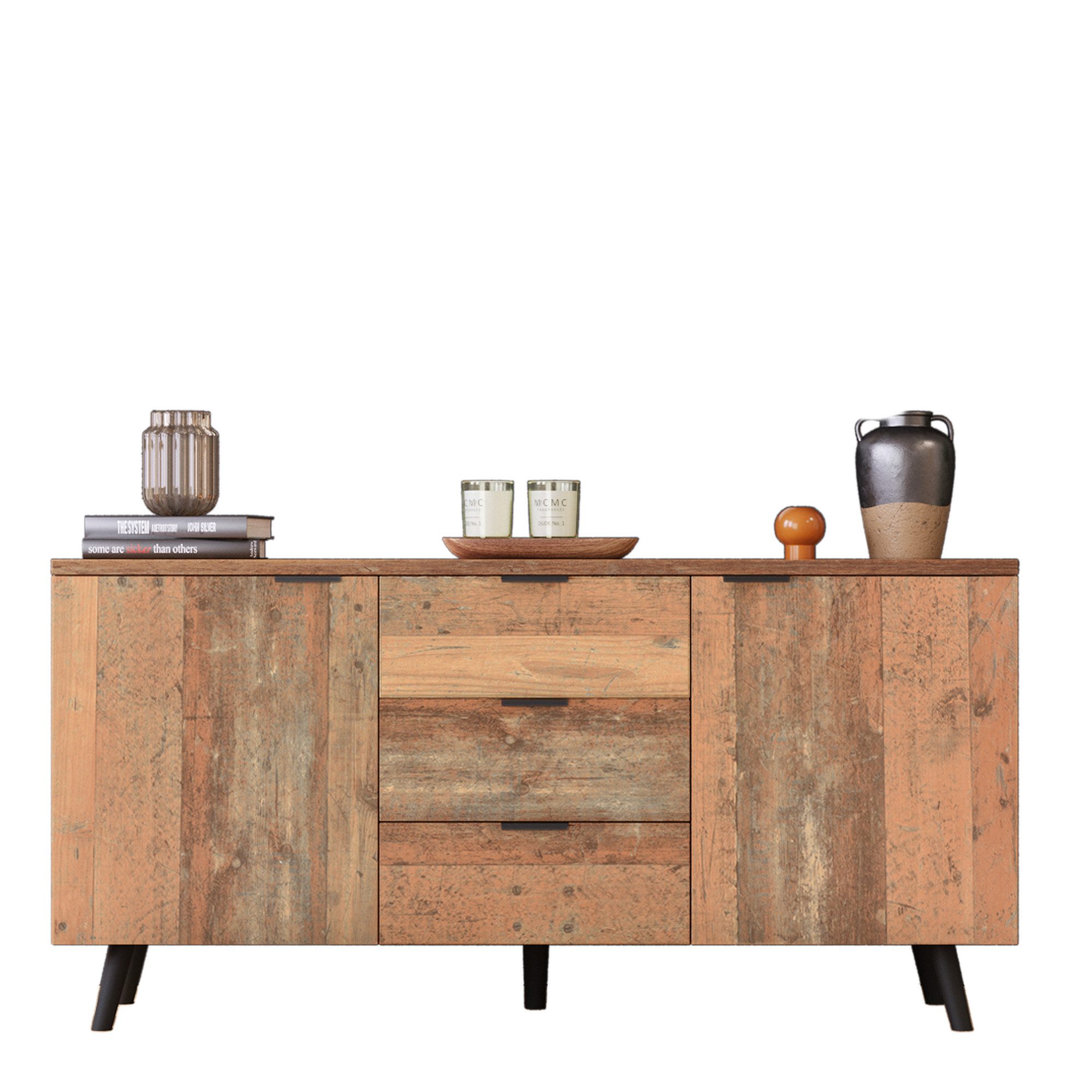 MODFU Sideboard TV-Schrank (Braun), Mit drei Schubladen, Vintage mit verstellbaren, Regalen
