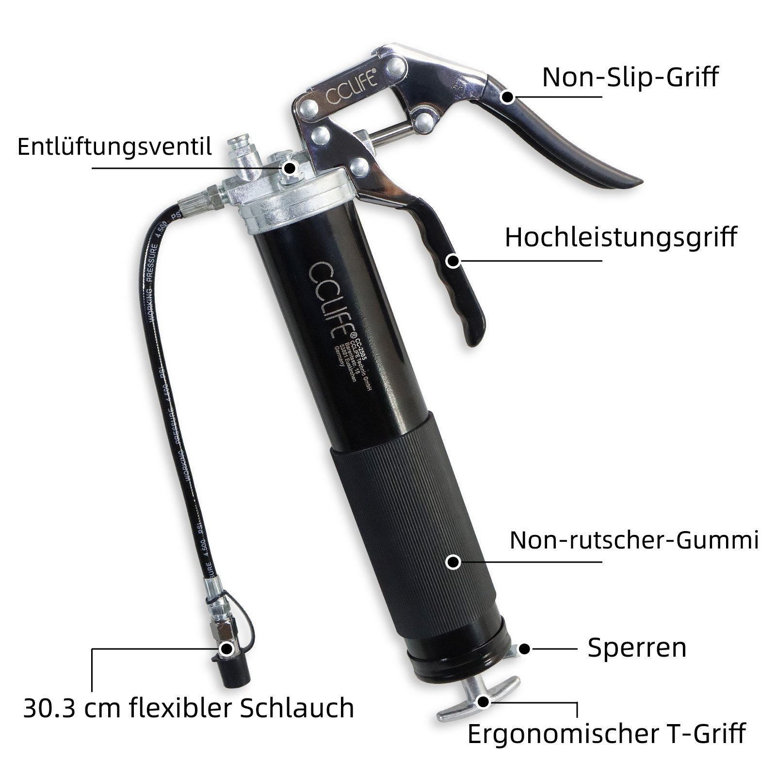 CCLIFE Handpresse 6000 PSI Pistolengriff Schmierung Hebelfettpresse Einhand Fettpresse, 1-tlg.