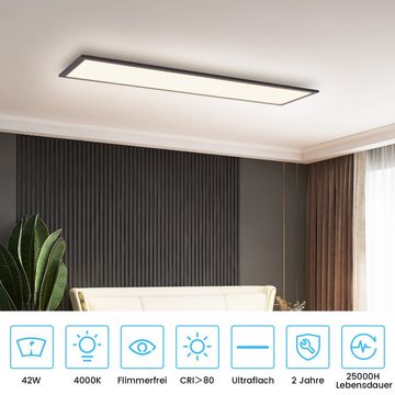 Nettlife LED Panel Wohnzimmerlampe 120x30 cm Küchenlampe Schwarz Modern 42W Neutralweiß, LED fest integriert, Neutralweiß, Farbwiedergabeindex > 80, Ultraflach, Flimmerfrei Schirmfarbe ‎Schwarz