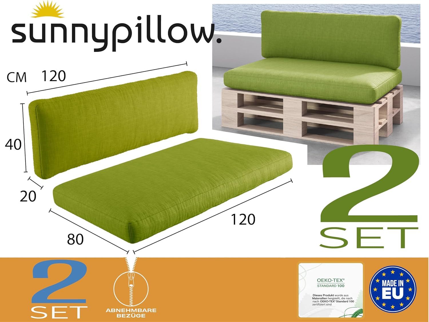 sunnypillow Palettenkissen Boston - Set Palettenauflage mit abnehmbarem Bezug, Indoor / Outdoor, 2er Set Sitzkissen + Rückenkissen