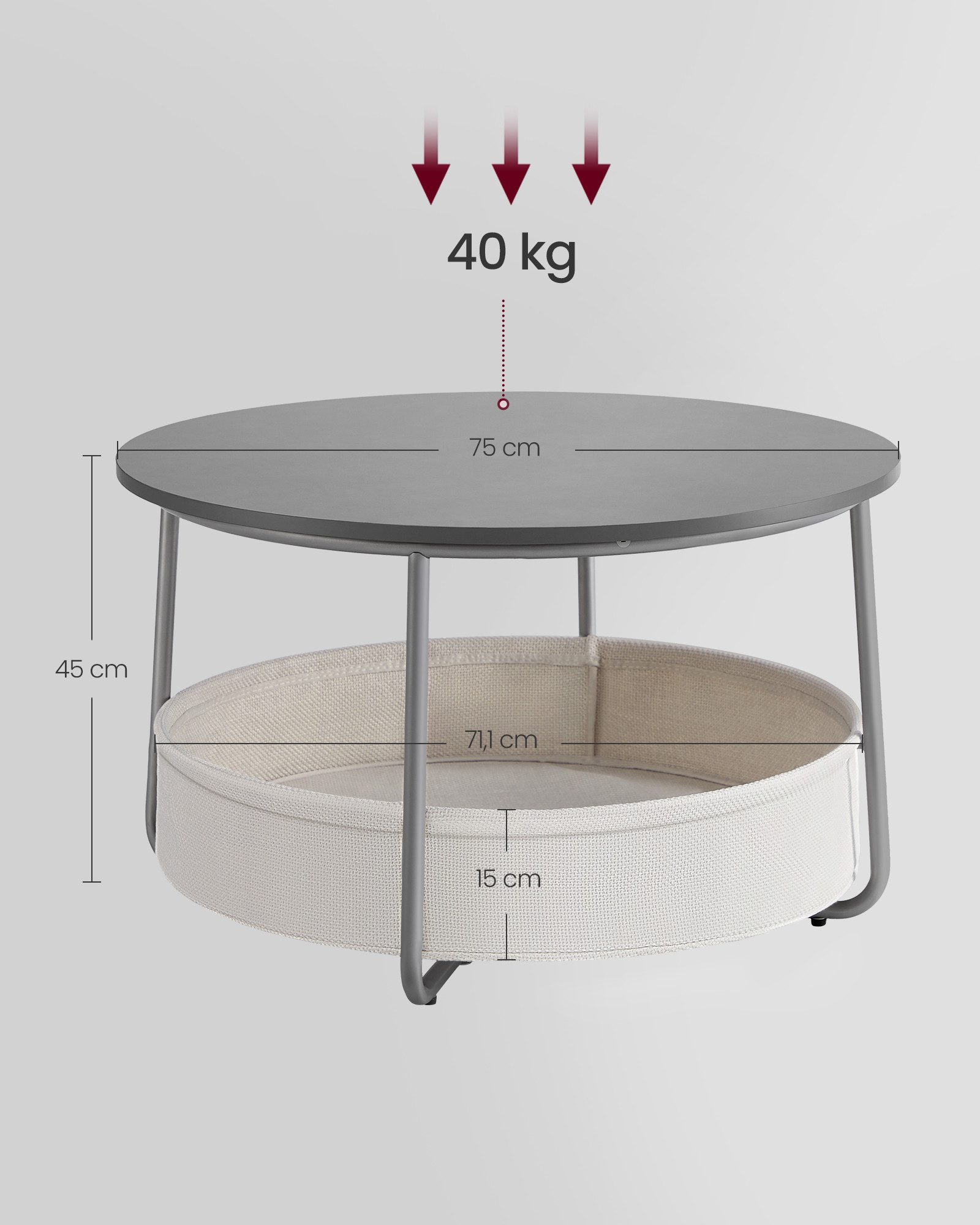 VASAGLE Couchtisch mit großem Stoffkorb, viel Stauraum, Sofatisch, Metallgestell (inkl. Zubehörpaket & Anleitung), Beistelltisch rund Wohnzimmertisch modern minimalistisch, ∅75 x 45 cm
