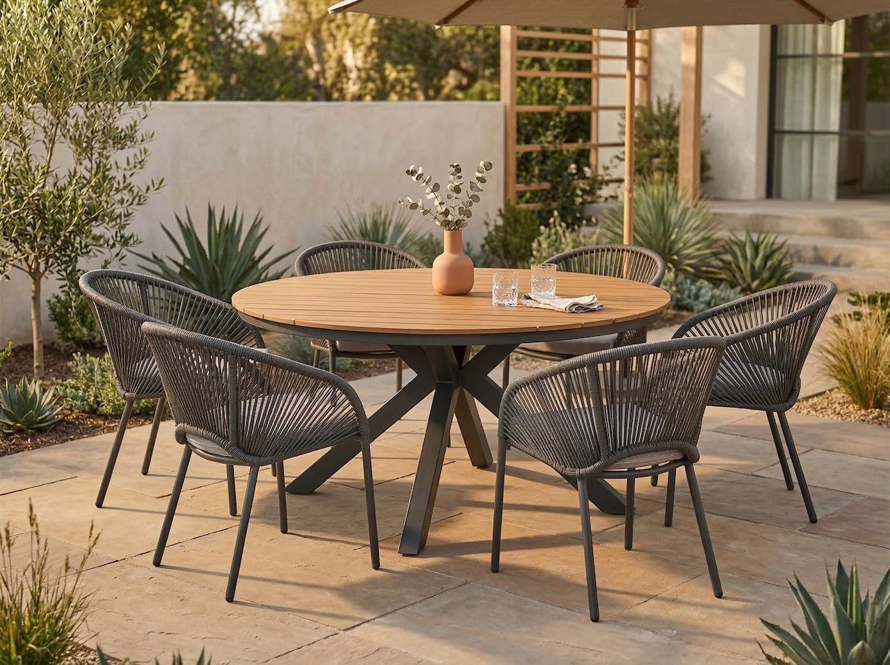 Lesli Living Garten-Essgruppe "Arrezo" Rund Ø120cm + 6 oder 4 Geflecht-Stühlen, Teakholz, Aluminium, (5-tlg), Sitzkissen, Geflochten, Scandi / Skandi - Boho, Gartenmöbel-Set, Rope