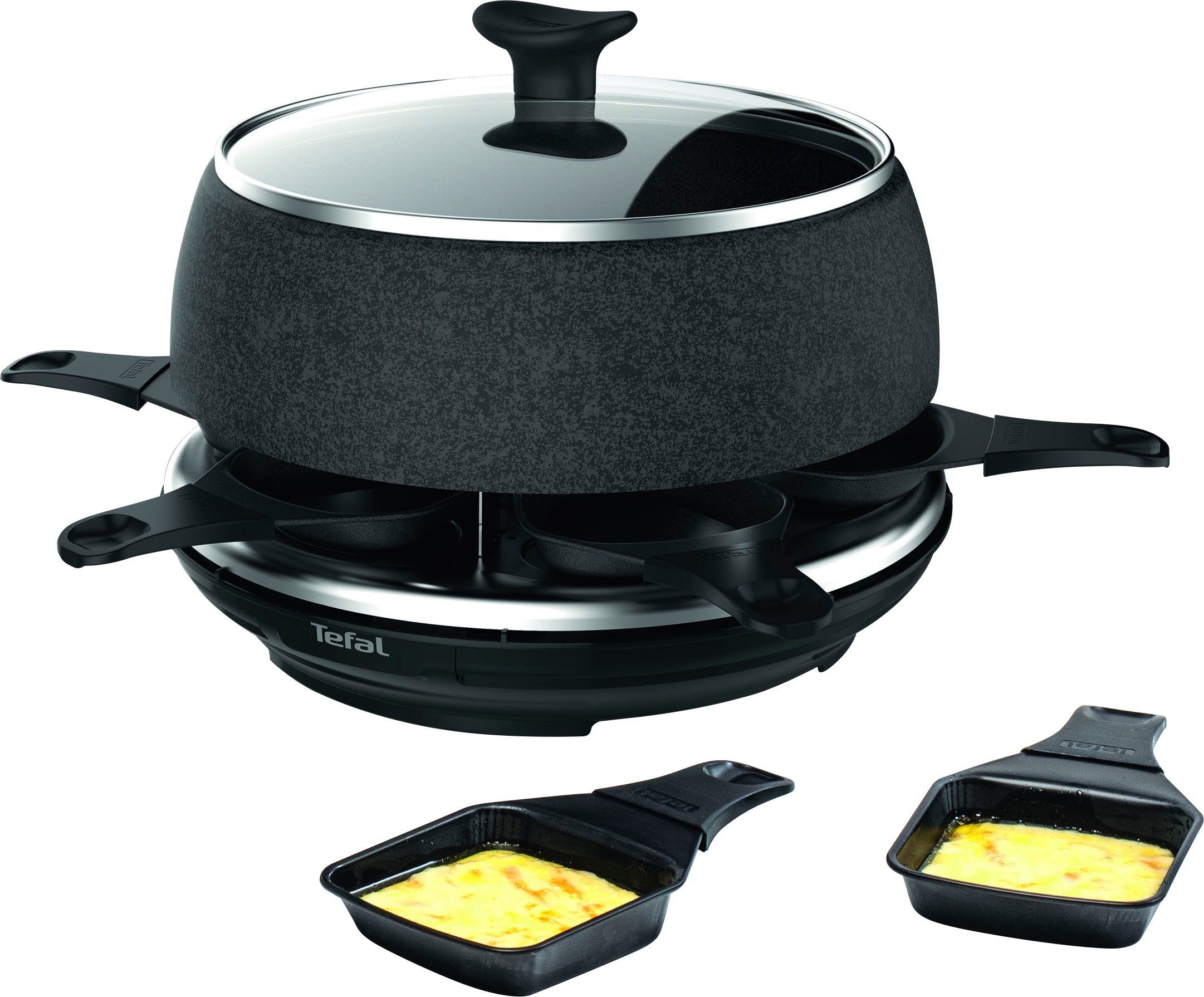 Tefal Raclette und Fondue-Set RE12C8 Fondue Cheese 'n Co, 6 Raclettepfännchen, 850 W, pülmaschinengeeignet, Rezeptbuch, Stein-Optik