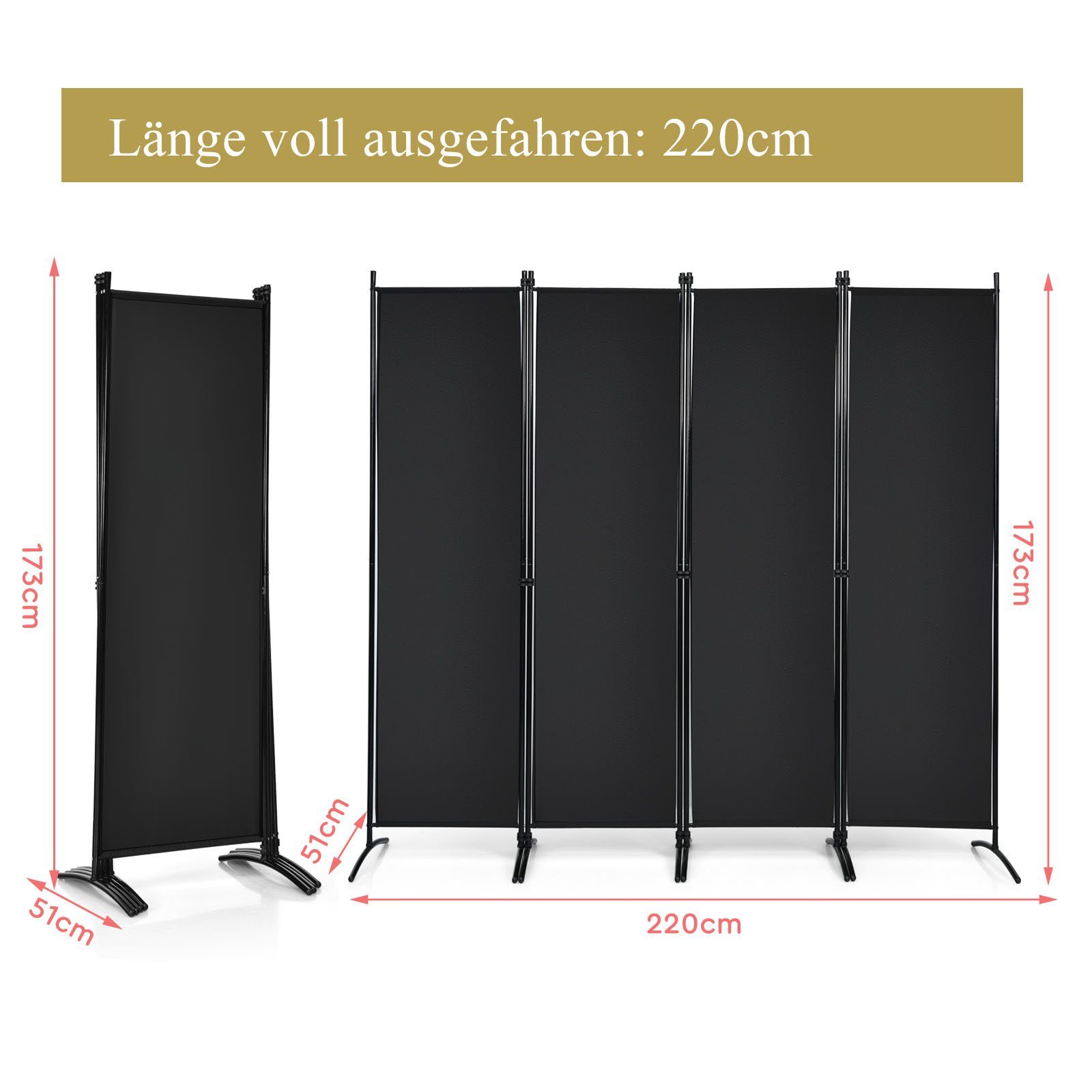 COSTWAY 4-teilig Klappbar, Raumteiler, Paravent Schwarz Metallrahmen, 220x173cm