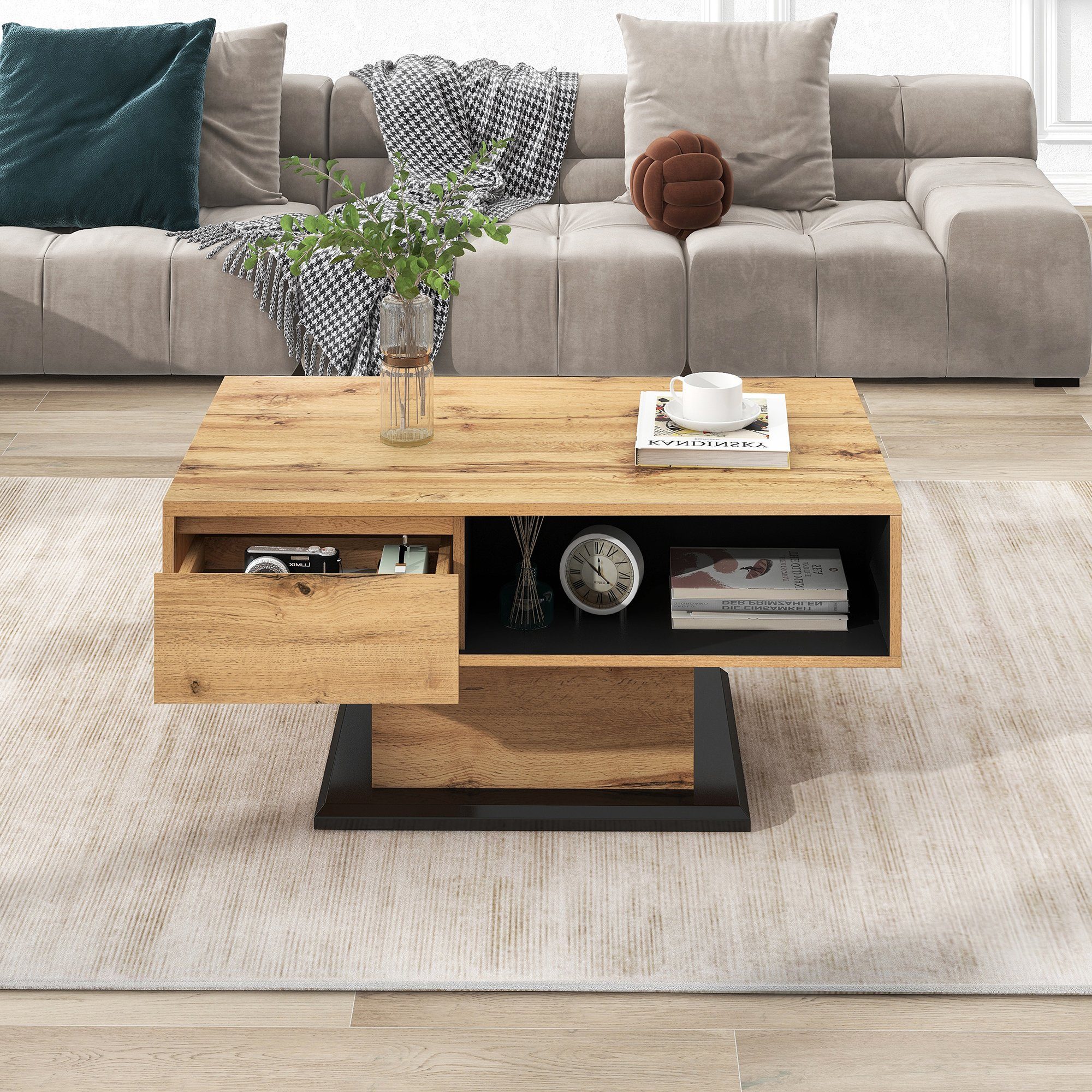 Ulife Couchtisch Naturfarbe Holz mit Schublade ein Staufach und  Heckstaufach, mit versteckem Stauraum